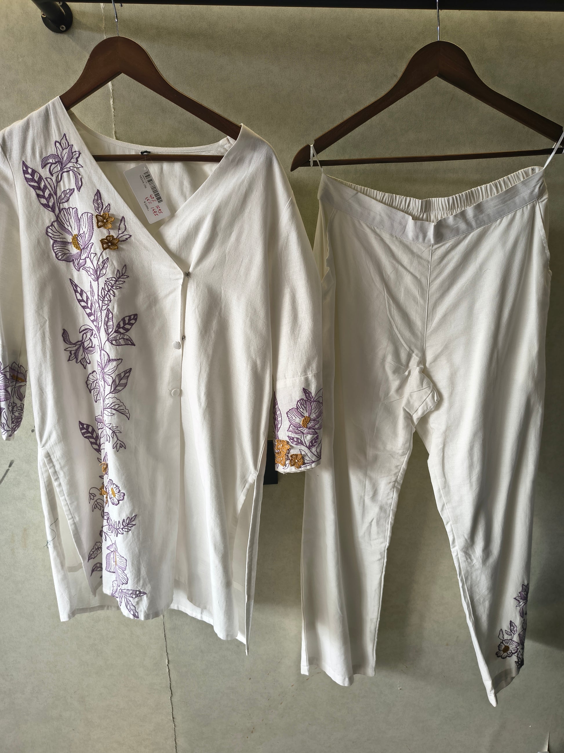 Ivory Lavender Floral Embroidered Designer Wrap Kurta Pant Co-Ord Set