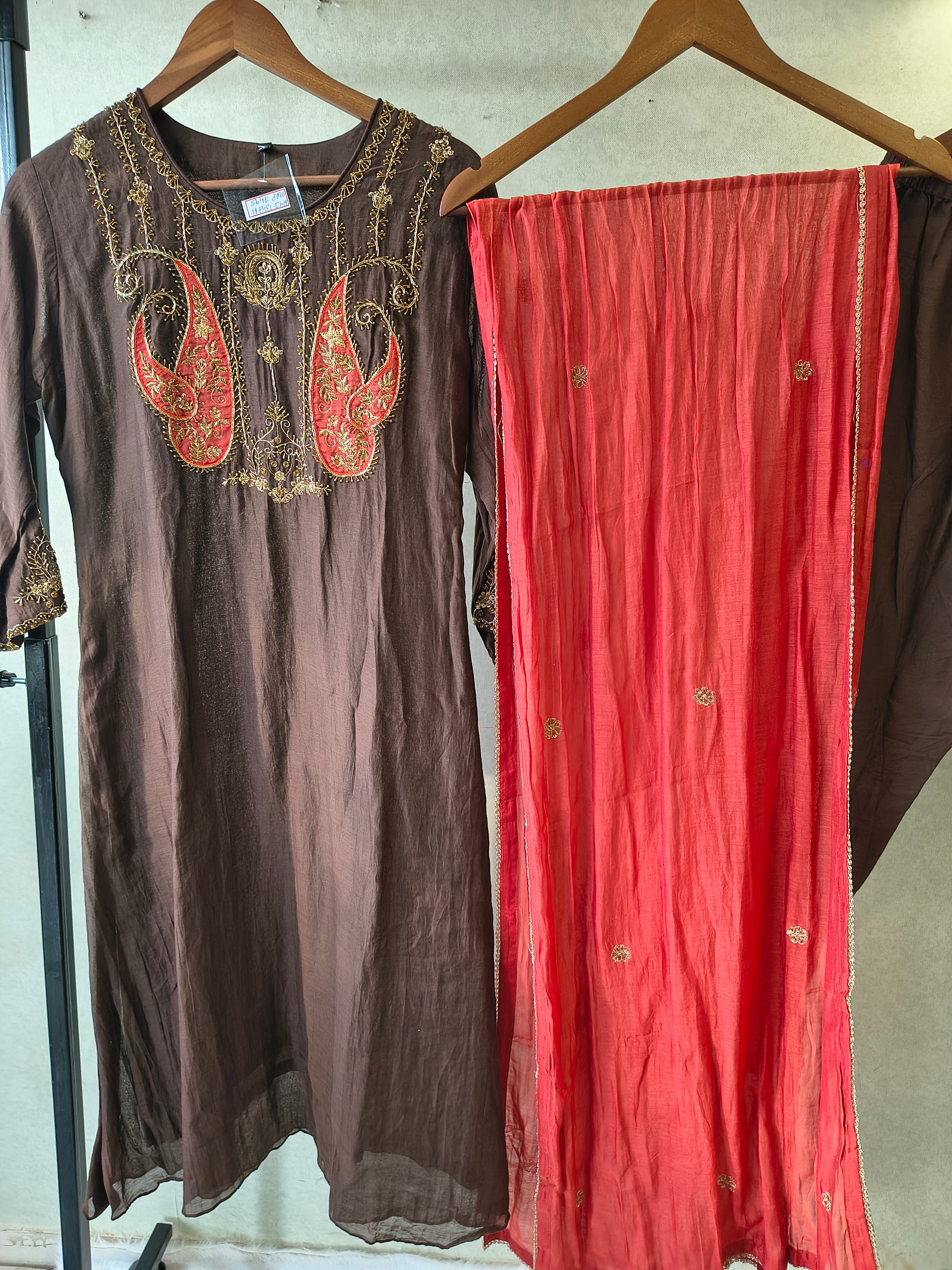 Image of Midnight Black Embroidered Straight Kurta Set with Statement Paisley Yoke, Contrast Crimson Dupatta & Premium 3 Piece Ethnic Ensemble
