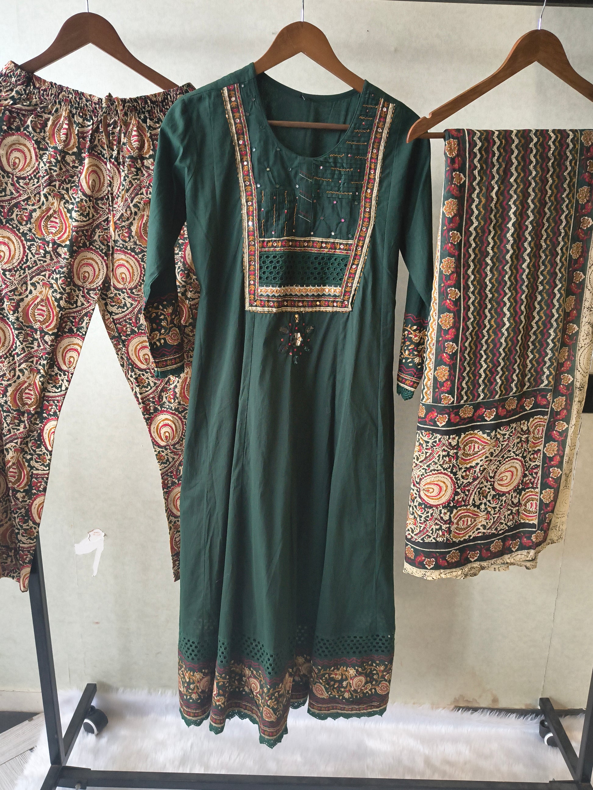 Emerald Green Embroidered Three-Piece Kurta Set with Printed Pant & Designer Dupatta
