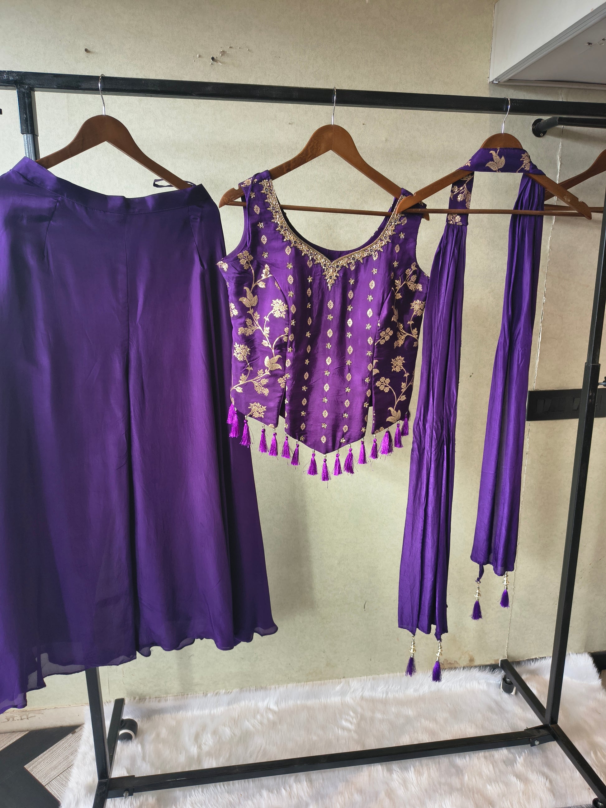 Premium Royal Purple 3-Piece Designer Lehenga Set with Zari Embroidered Peplum Blouse & Dupatta
