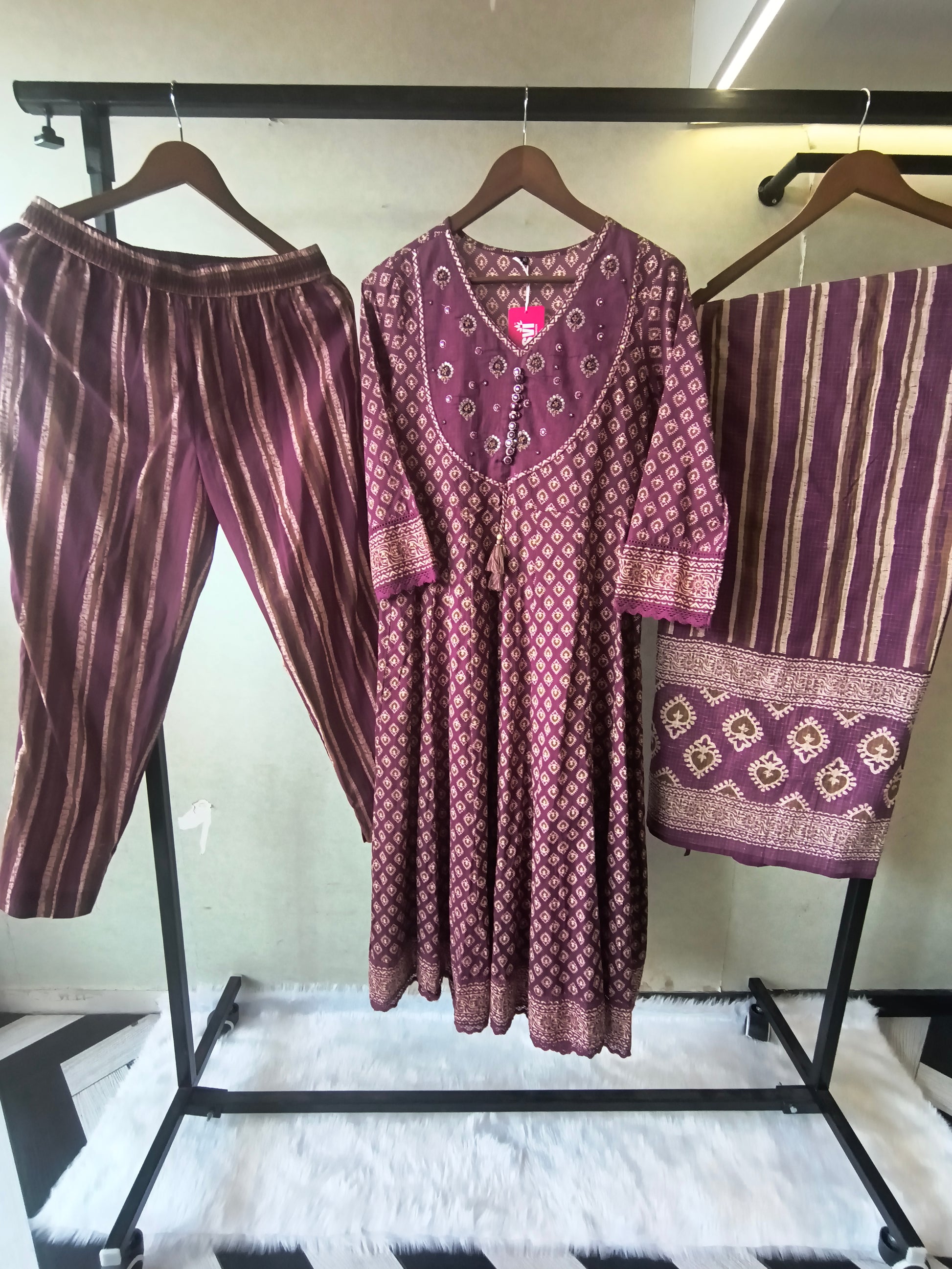 Plum Printed Cotton Anarkali Suit Set with Striped Pants & Dupatta