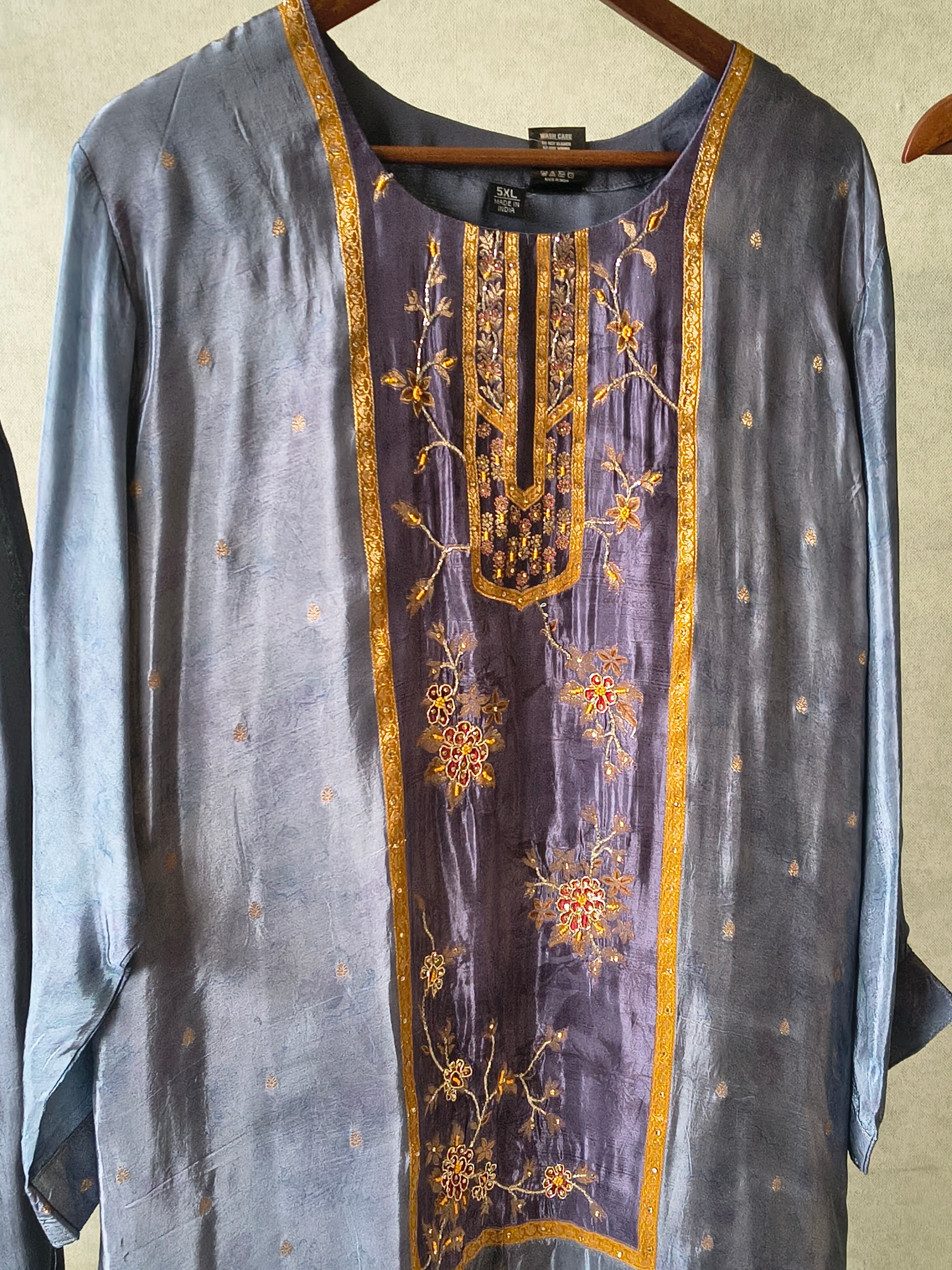 Image of Steel Blue Designer Silk Blend Embroidered Kurta Set with Pants & Dupatta