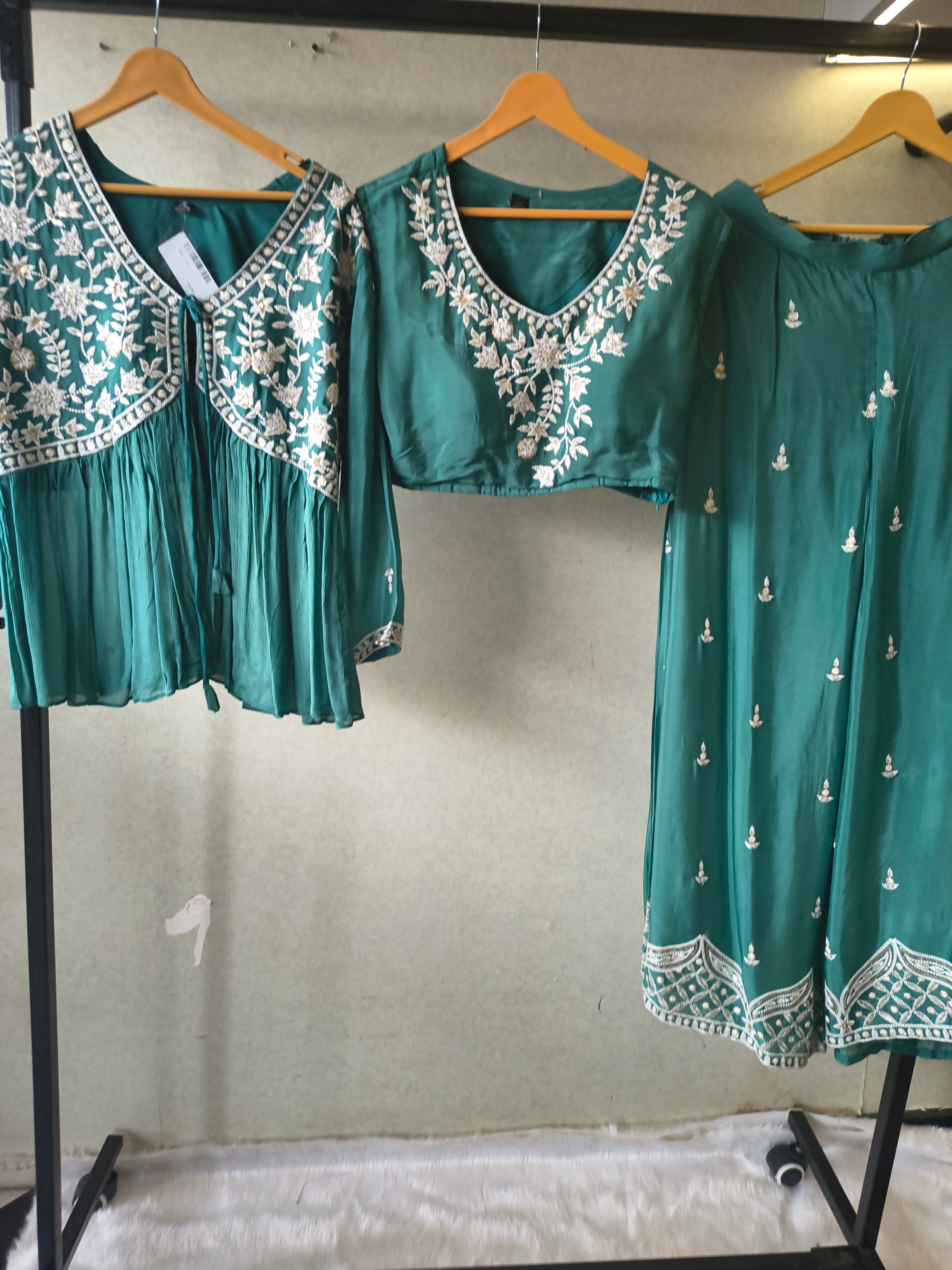 Image of Emerald Green Embroidered Peplum Jacket with Blouse & Flared Palazzo – Designer 3 Piece Indo-Western Set
