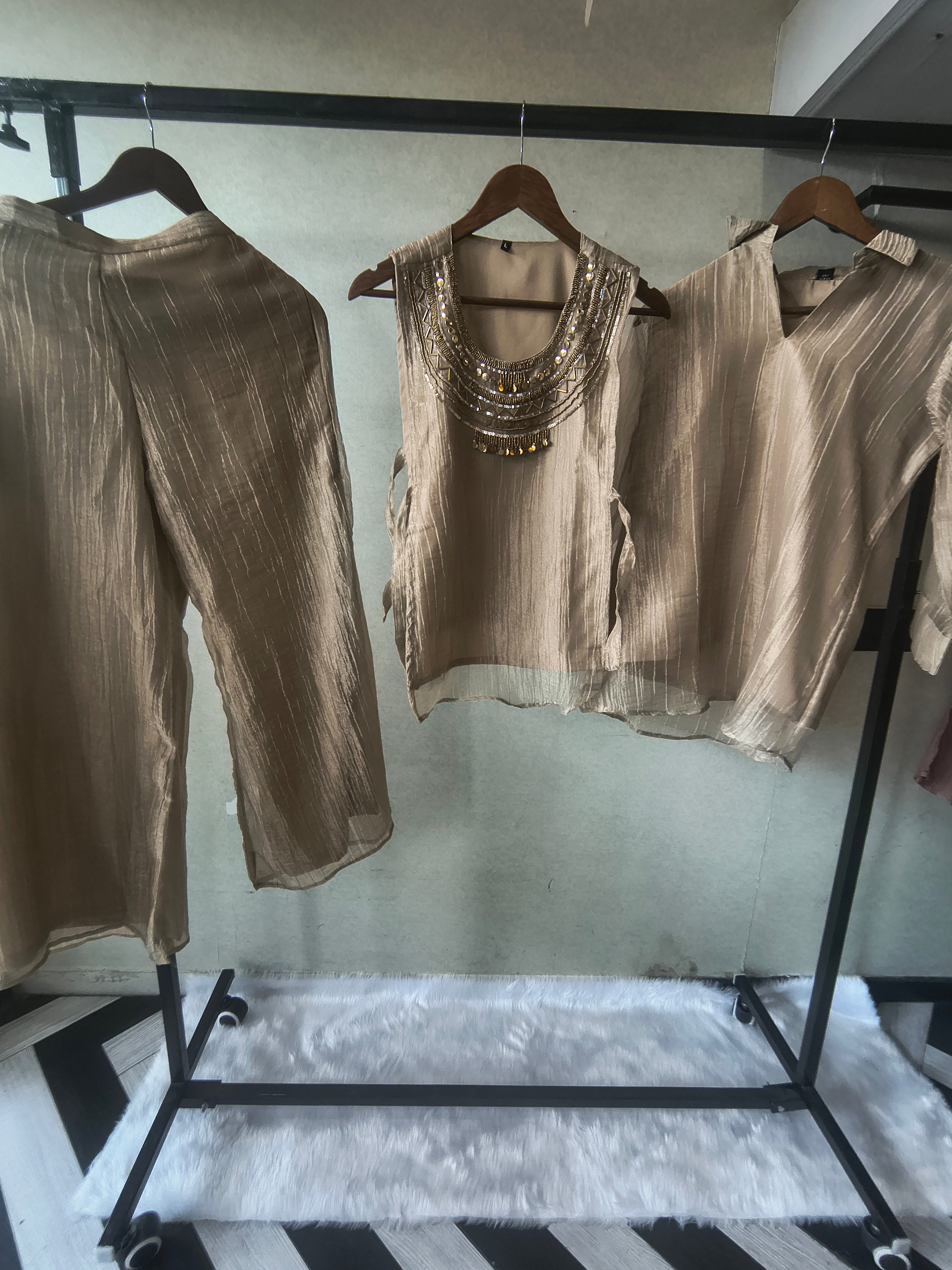 Image of Premium Champagne Tissue Silk 3-Piece Co-Ord Set with Statement Hand Embellished Jacket, Inner & Palazzo