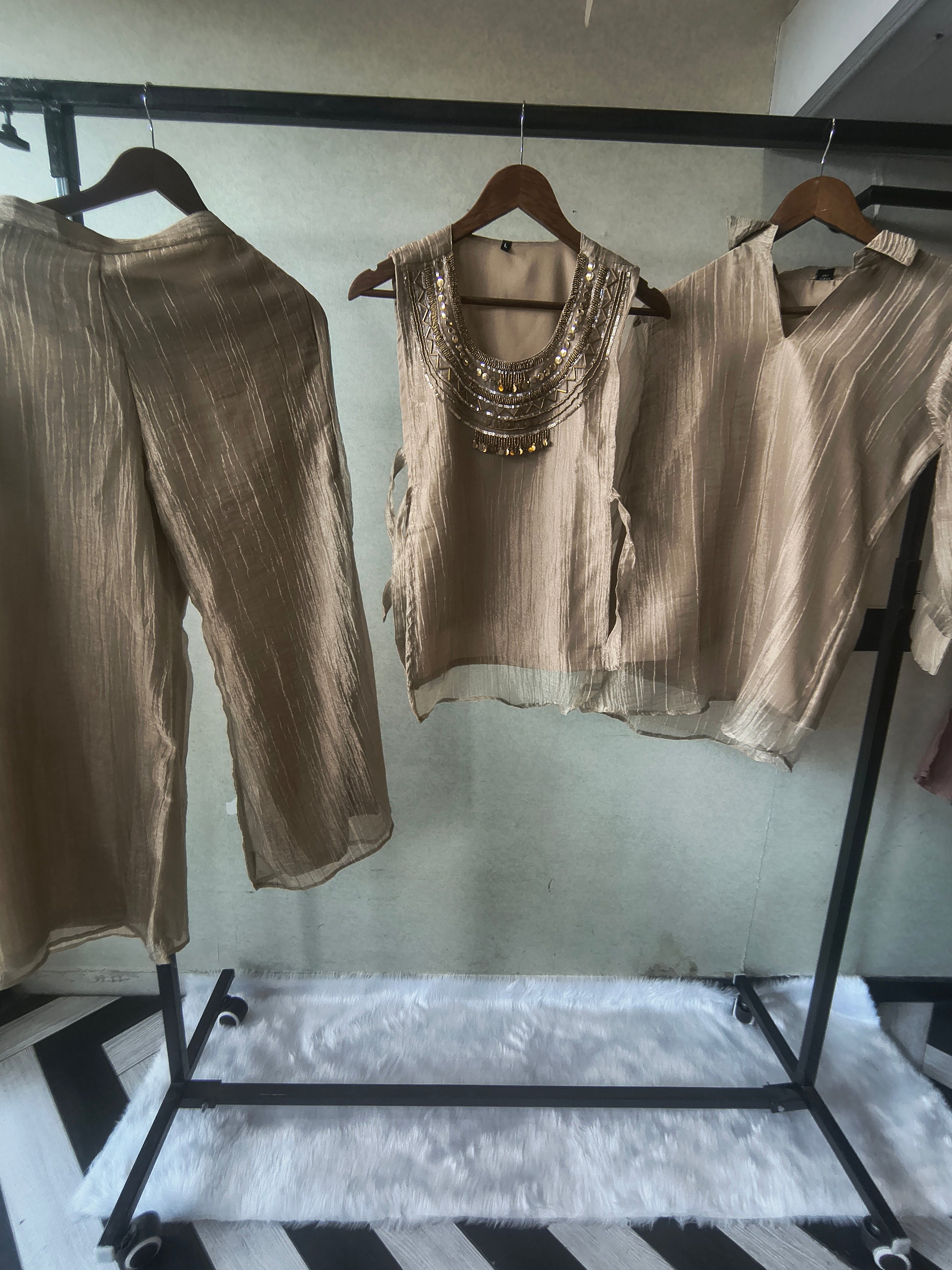Premium Champagne Tissue Silk 3-Piece Co-Ord Set with Statement Hand Embellished Jacket, Inner & Palazzo