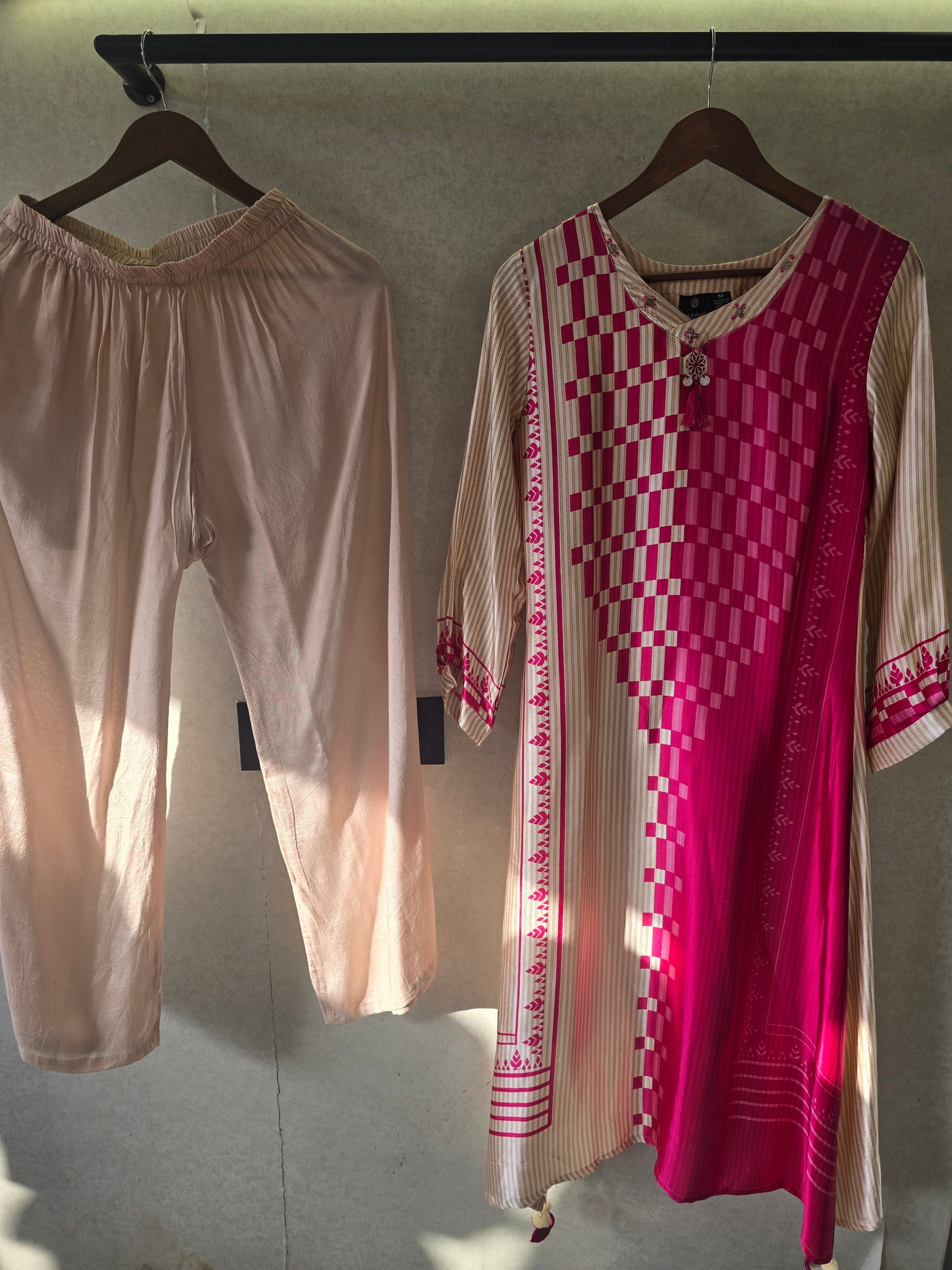 Fuchsia Panel Print Kurta Pant Set