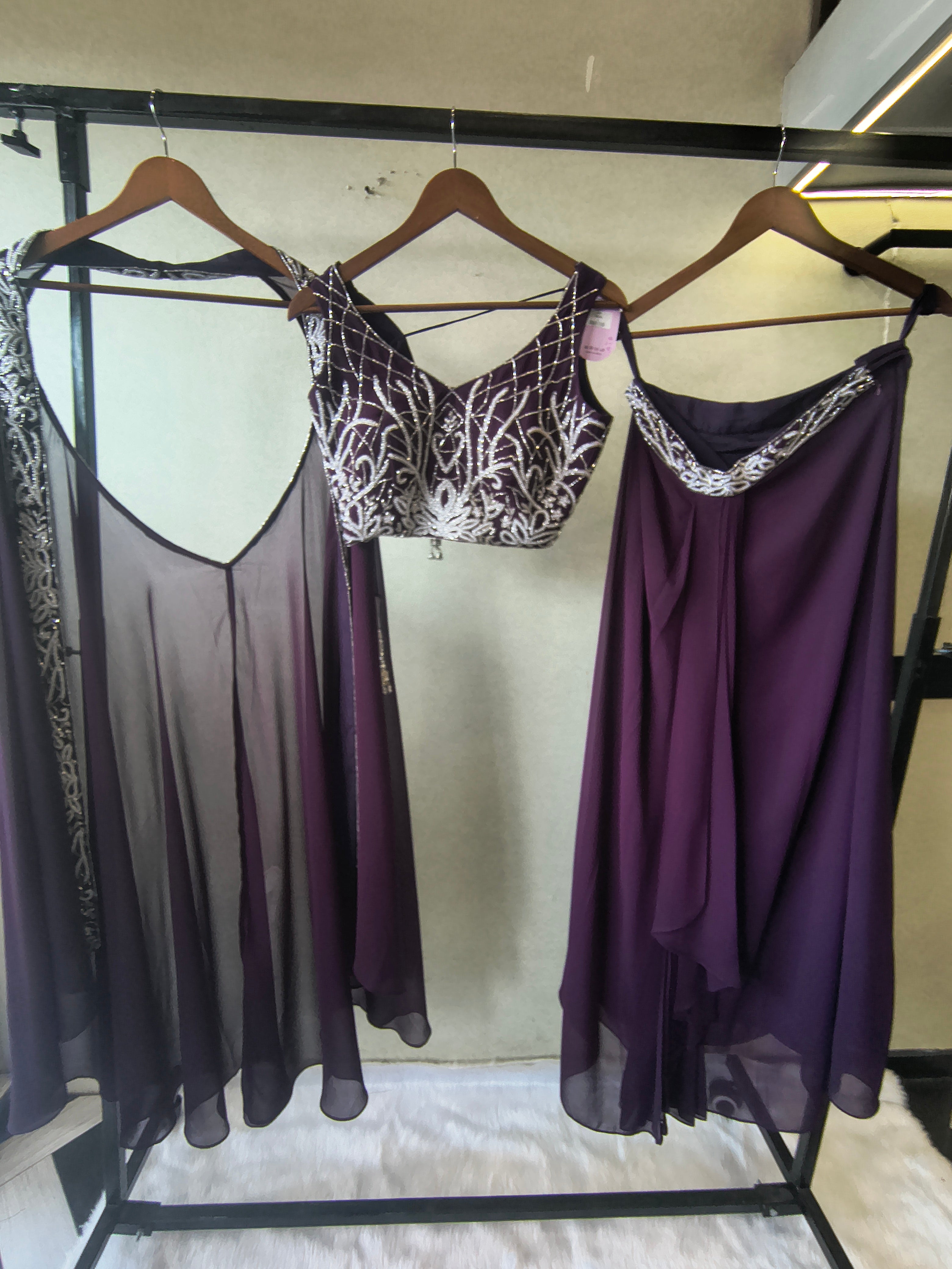 Image of Royal Purple Embroidered Designer Blouse with Drape Palazzo & Embroidered Cape – 3 Piece Indo-Western Party Wear Set