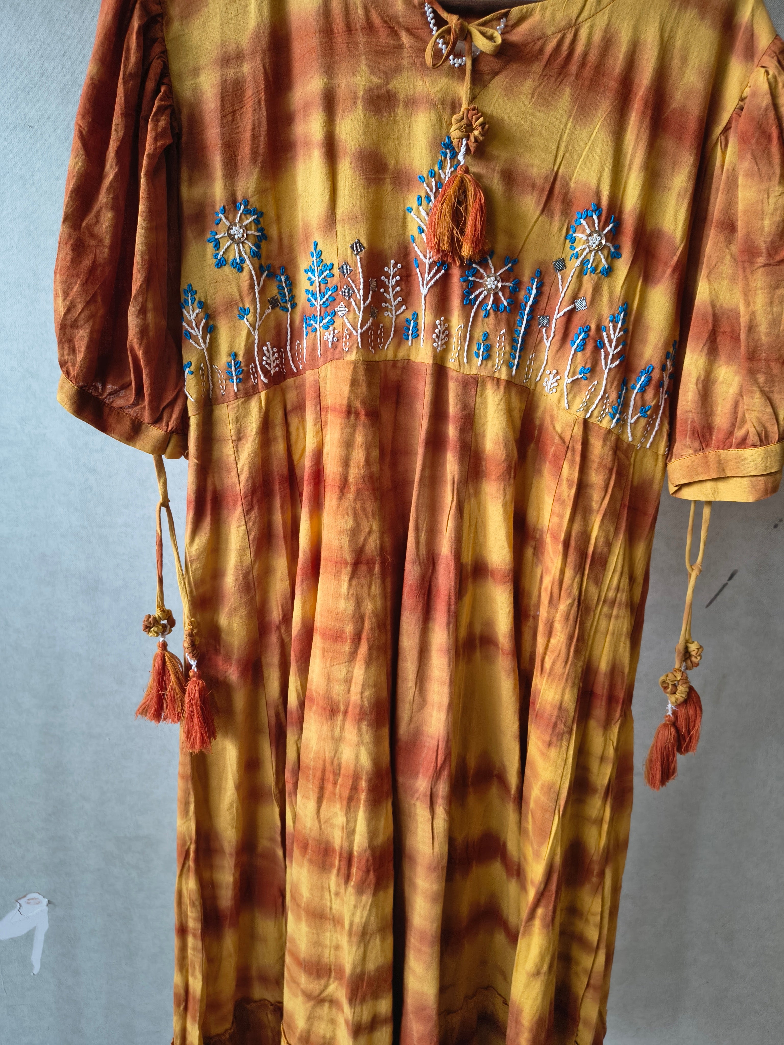 Image of Premium Mustard Tie-Dye Embroidered Cotton Flared Dress