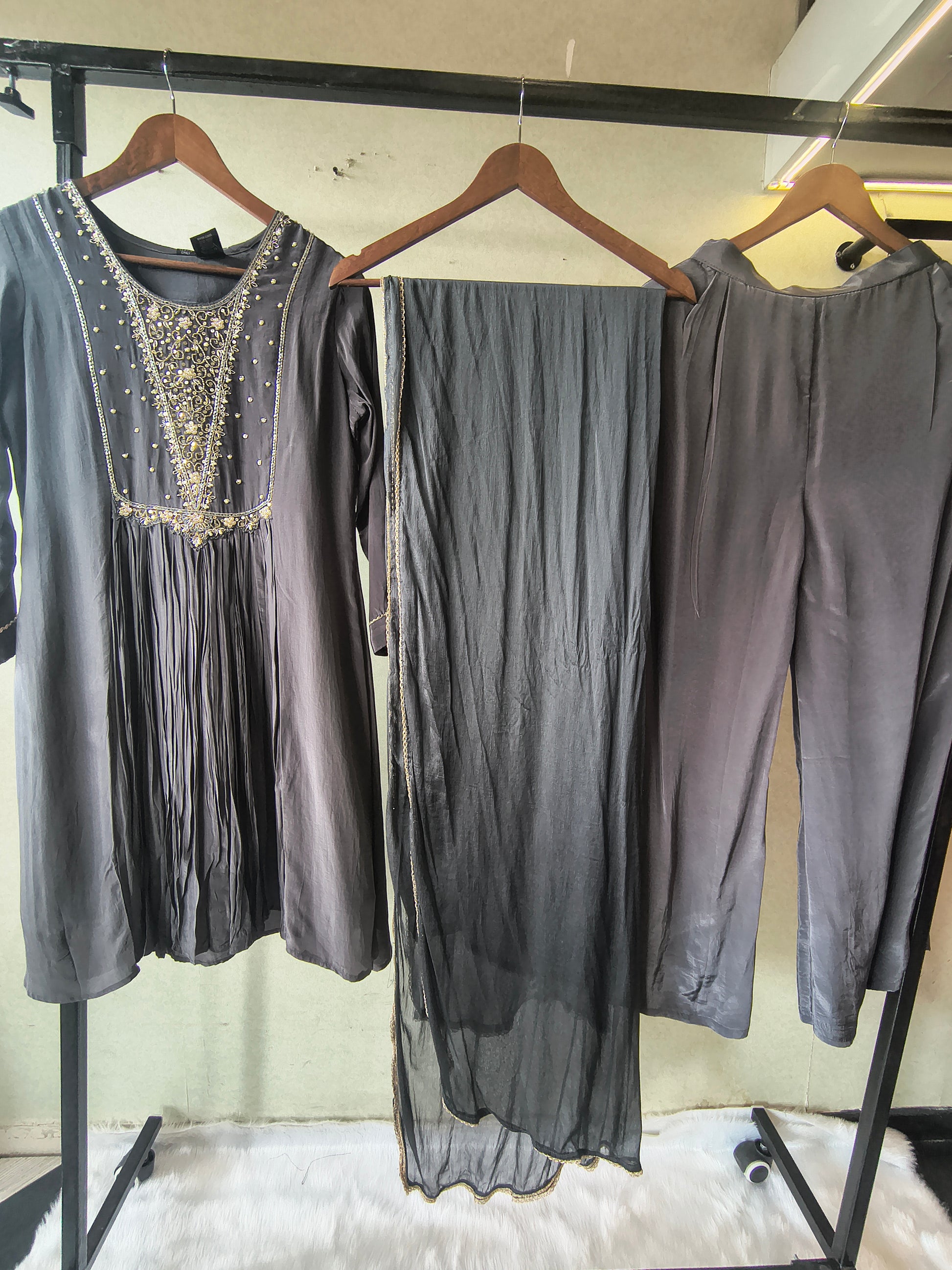 Charcoal Grey Hand Embroidered Anarkali Kurta Set with Churidar Pants & Sheer Dupatta – Premium 3 Piece Festive Ensemble