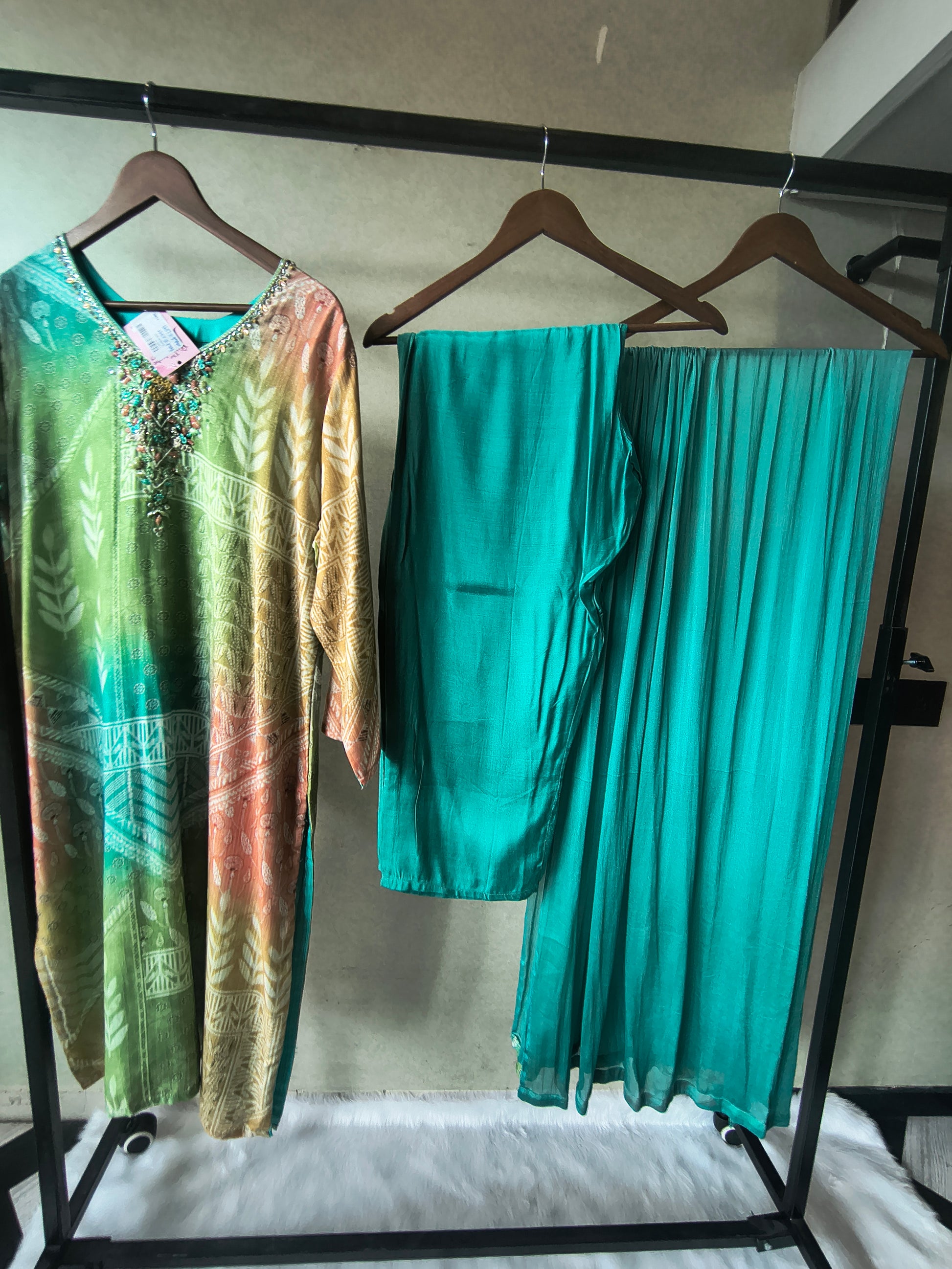 Premium Aqua Ombre Printed Kurta Set with Hand-Embellished Neckline, Solid Pants & Chiffon Dupatta