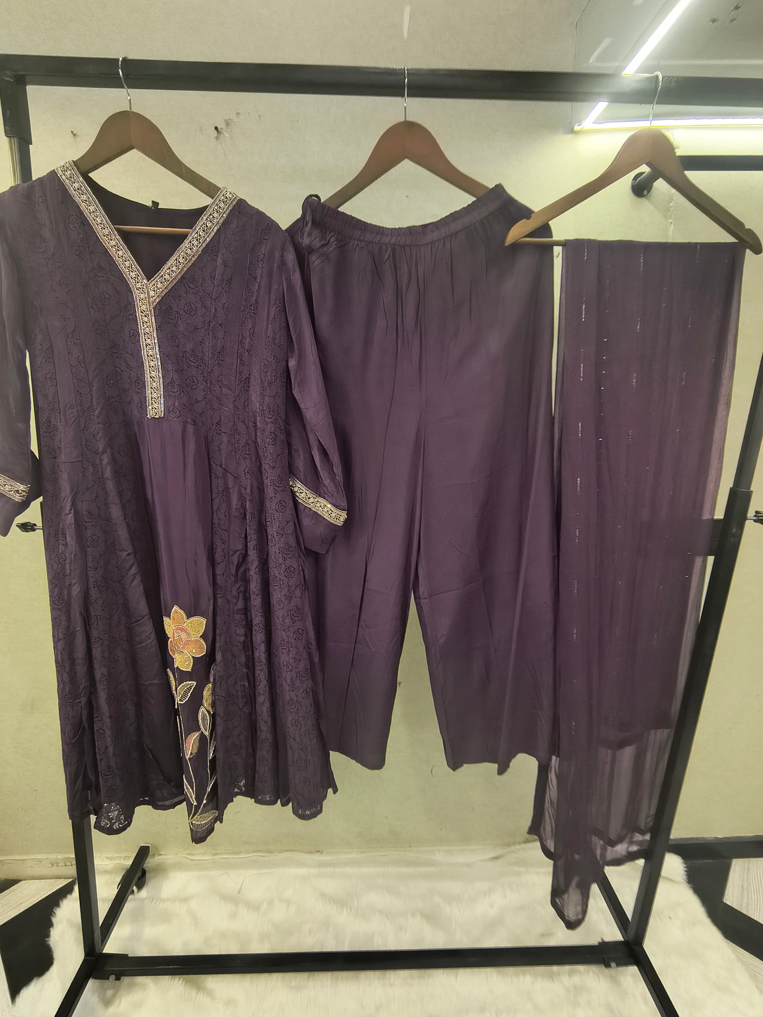 Image of Royal Purple Designer Lace Panel Anarkali Kurta Set with Floral Embroidery & Sheer Dupatta | Premium 3 Piece Festive Ensemble