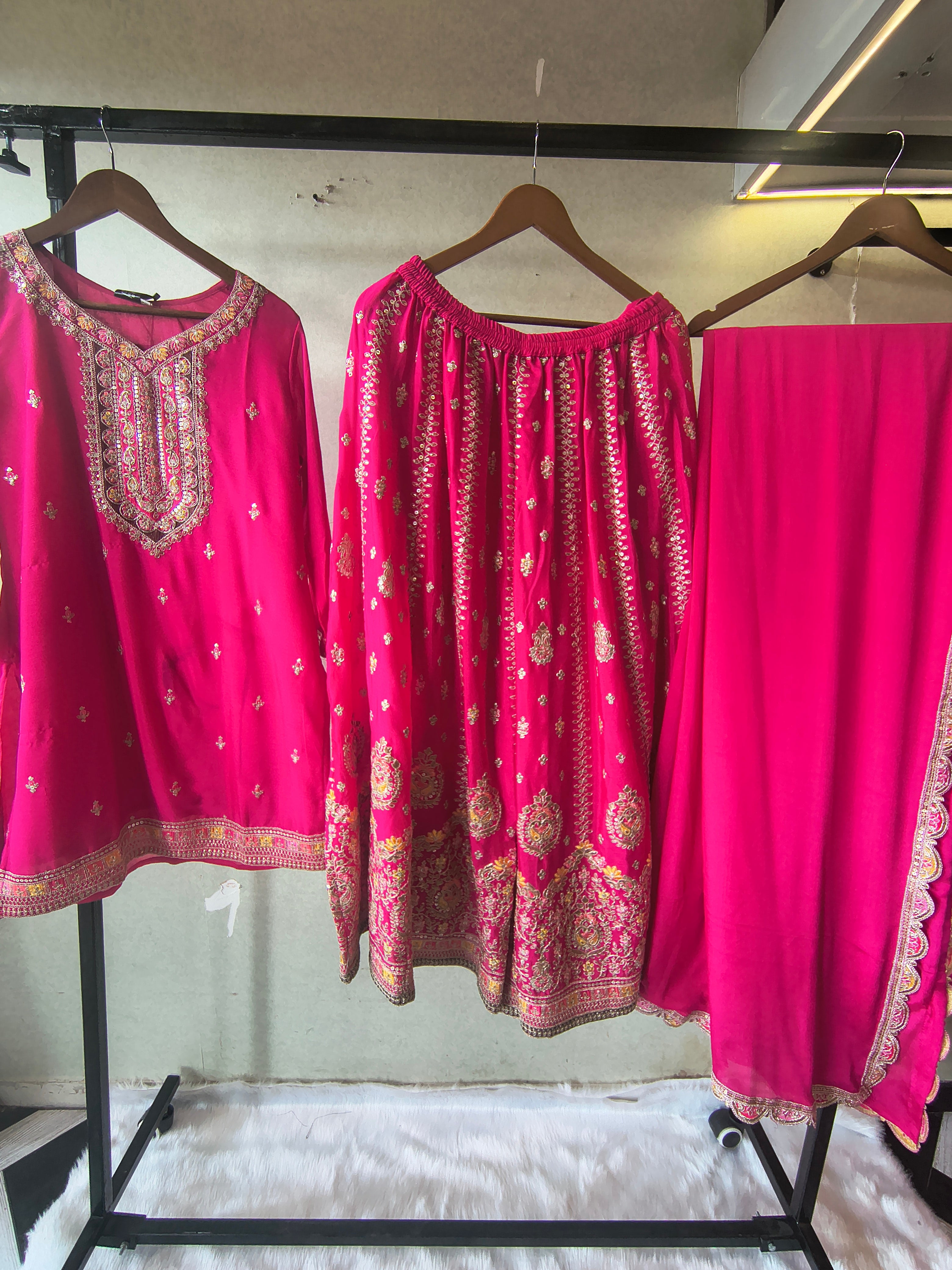 Image of Rani Pink Embroidered Kurta Sharara Set with Scalloped Dupatta – Premium 3 Piece Festive Ensemble