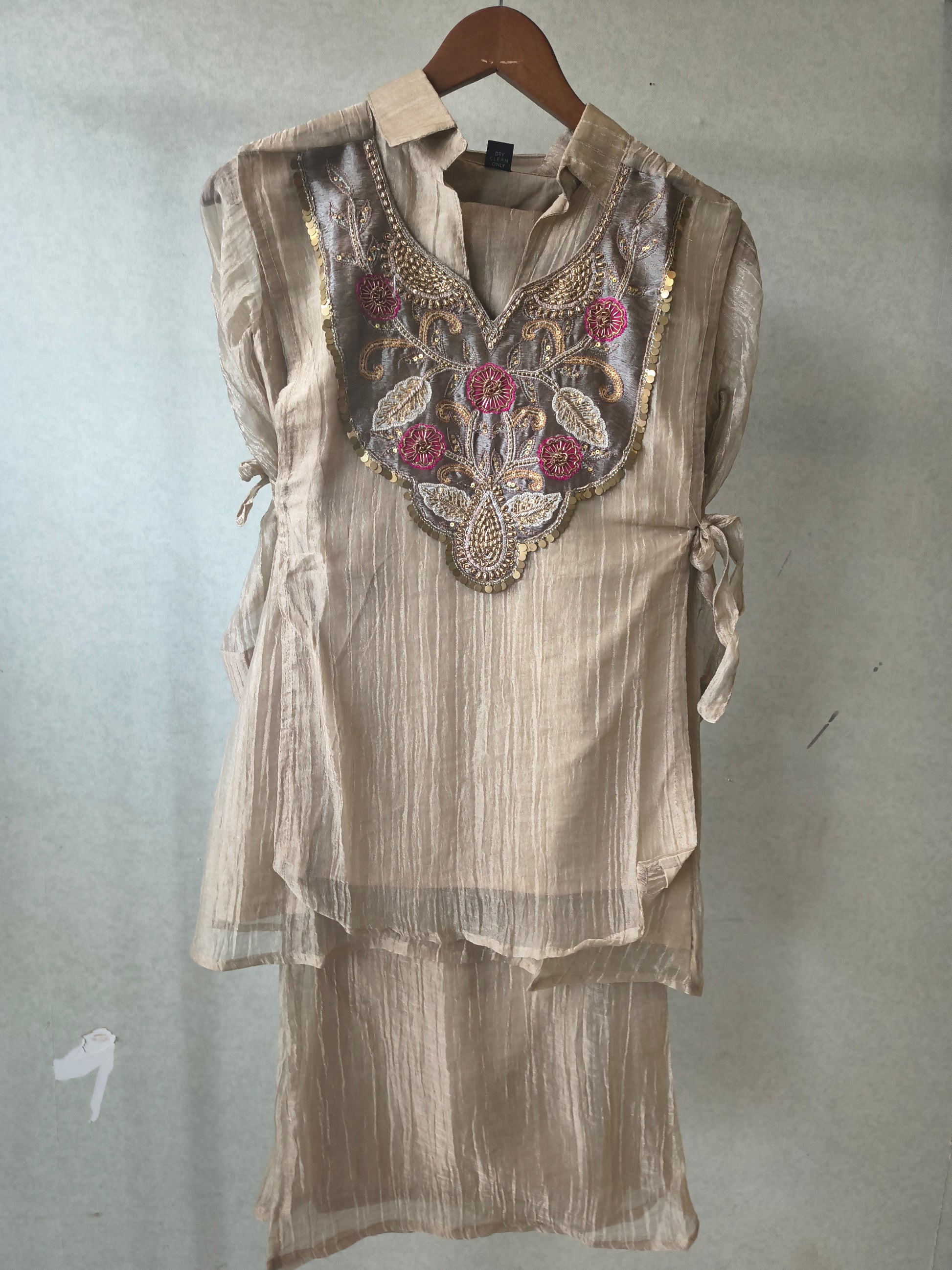 Premium Champagne Tissue Silk Embroidered Kurta with Hand Embellished Statement Yoke