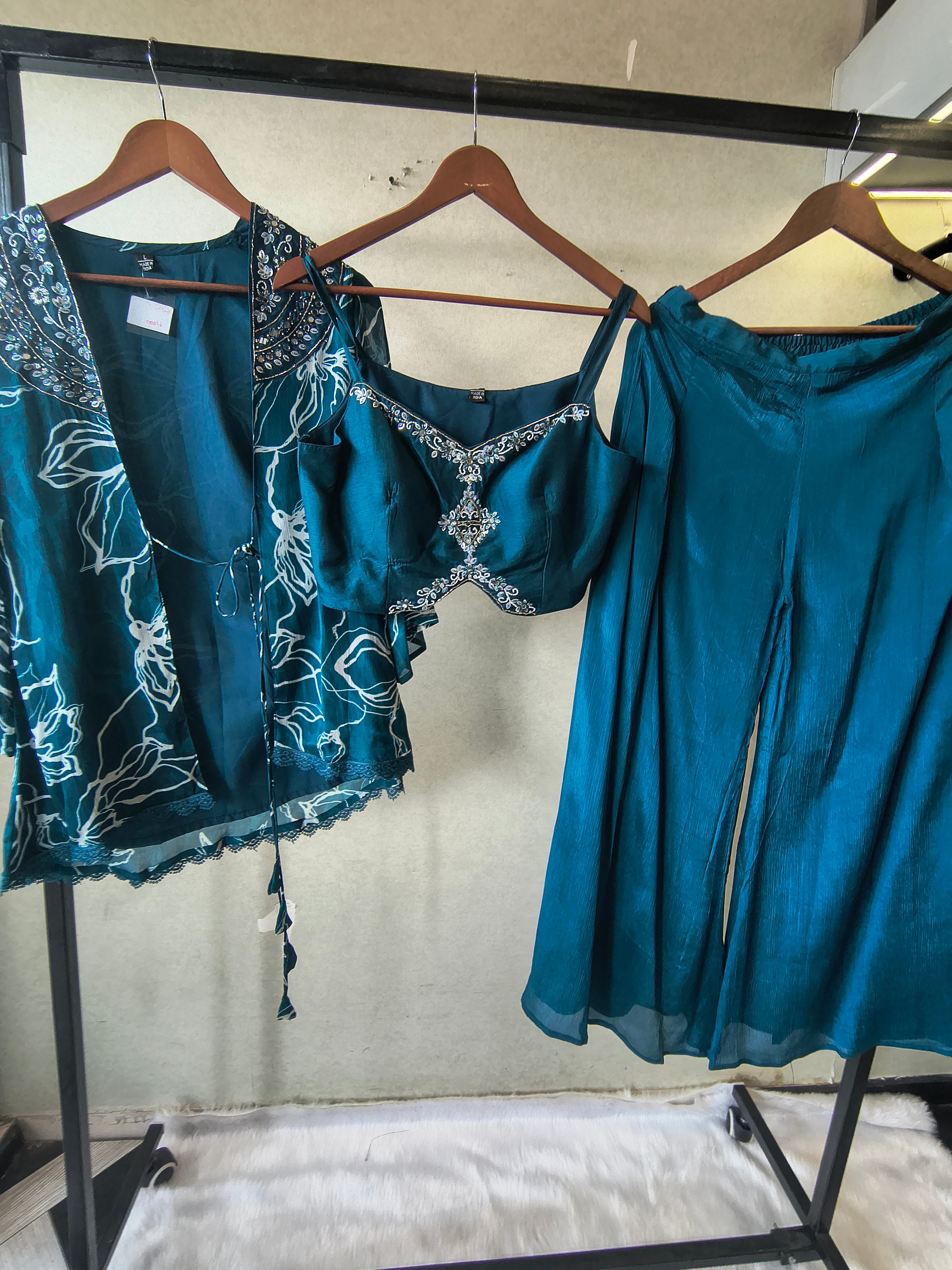 Image of Teal Printed Shrug with Embroidered Designer Bralette & Flared Palazzo – 3 Piece Indo-Western Co-Ord Set