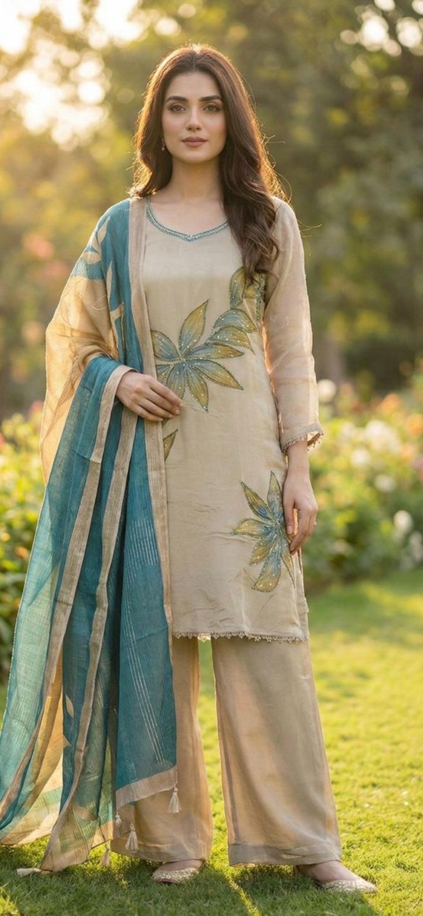 Pastel Pure Silk 3 Piece Kurti Set with Hand work
