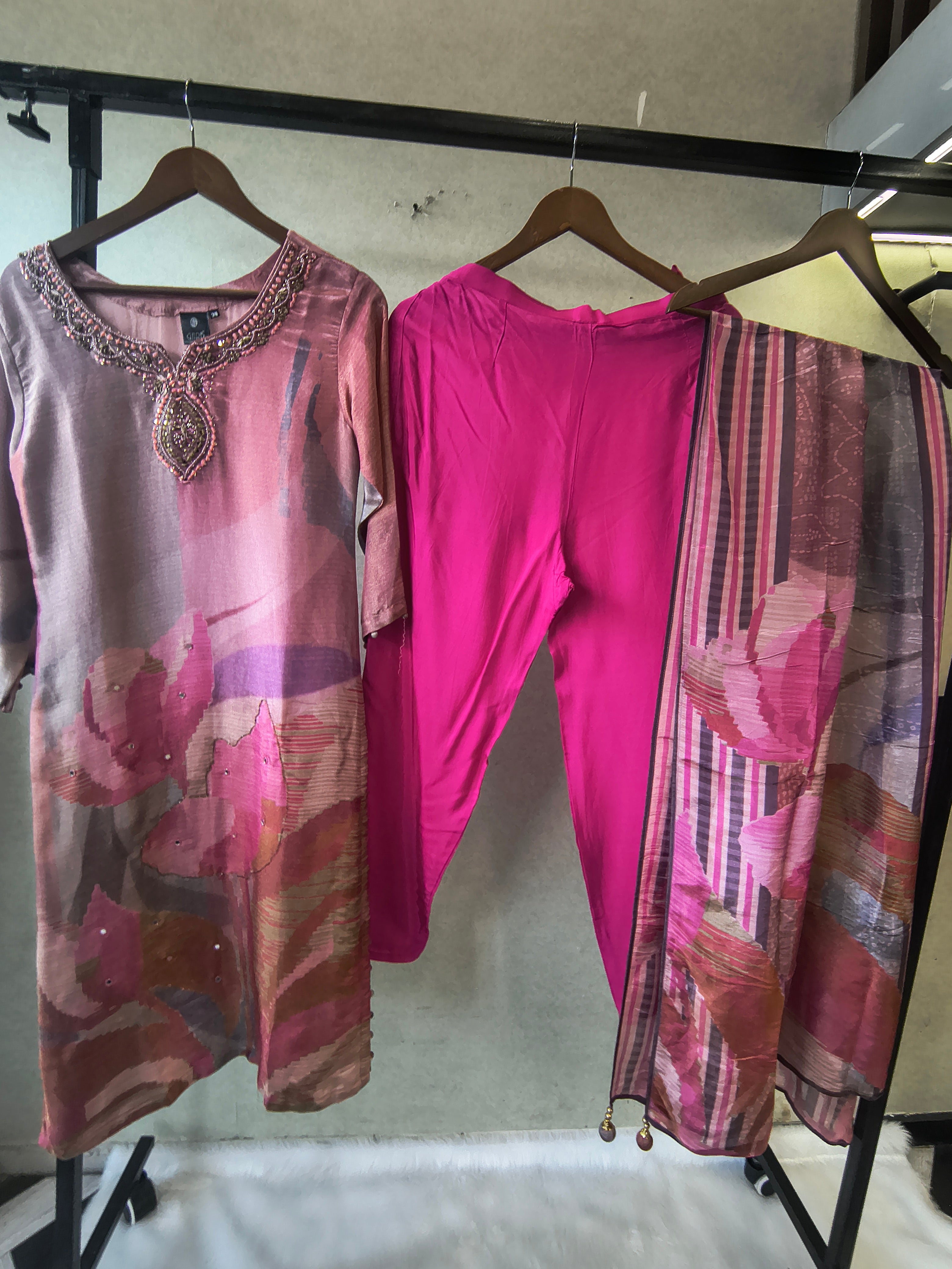 Image of Dusty Rose Abstract Printed Kurta Set with Embellished Neckline & Dupatta | Premium 3 Piece Ethnic Suit