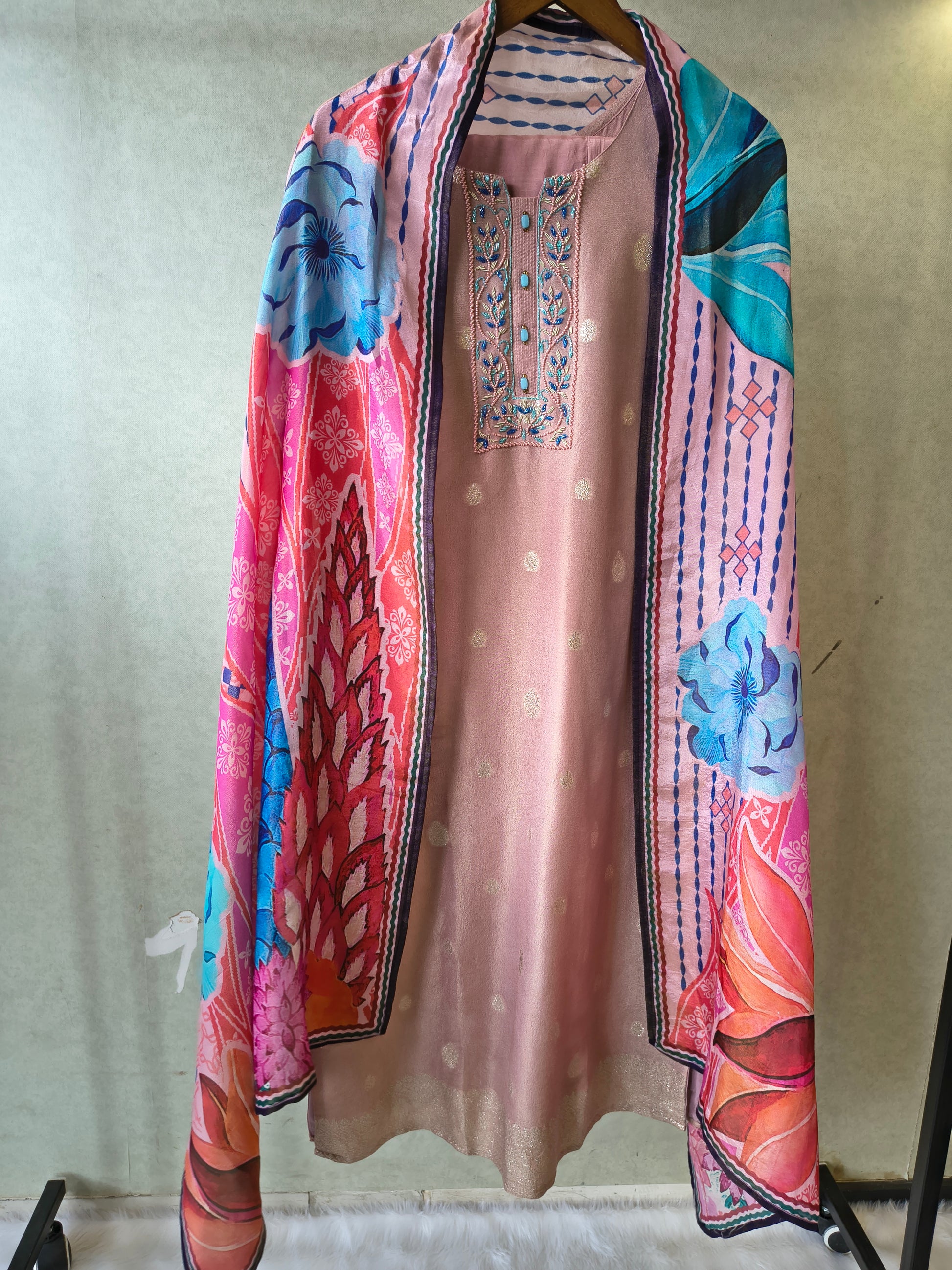 Premium Blush Pink Embroidered Straight Kurta with Cigarette Pants & Designer Printed Dupatta Set