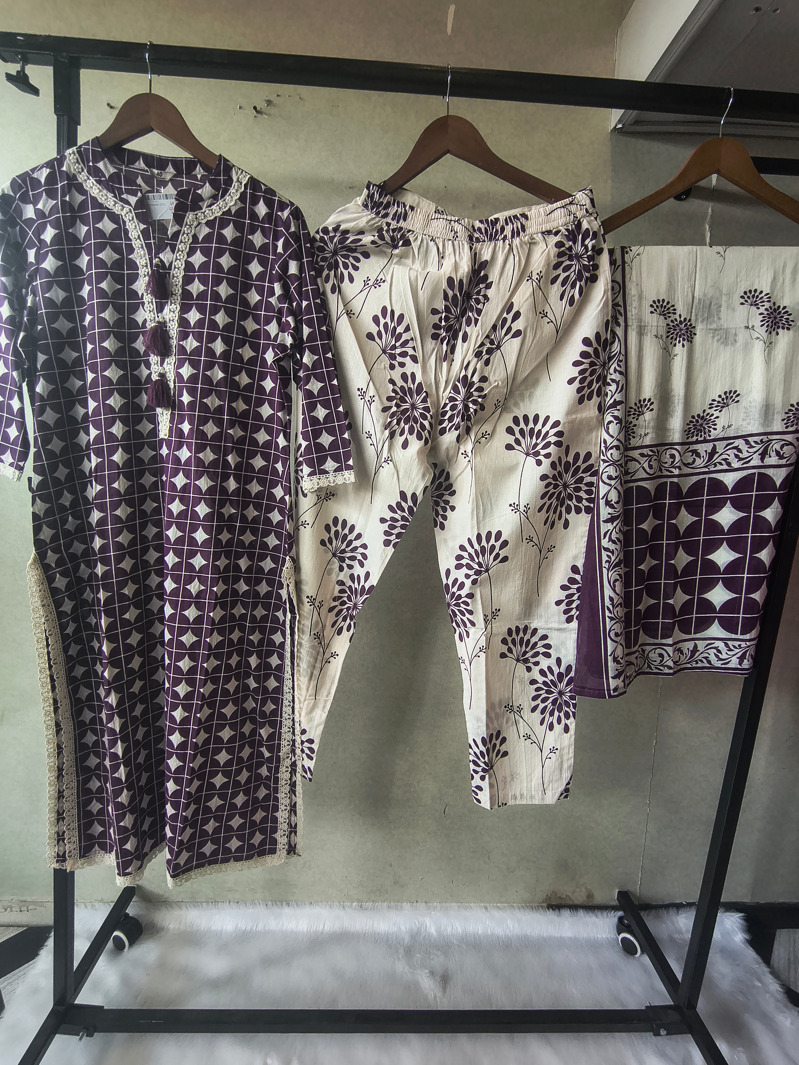 Image of Premium Plum Geometric Printed Cotton Kurta Set with Floral Printed Pants & Dupatta