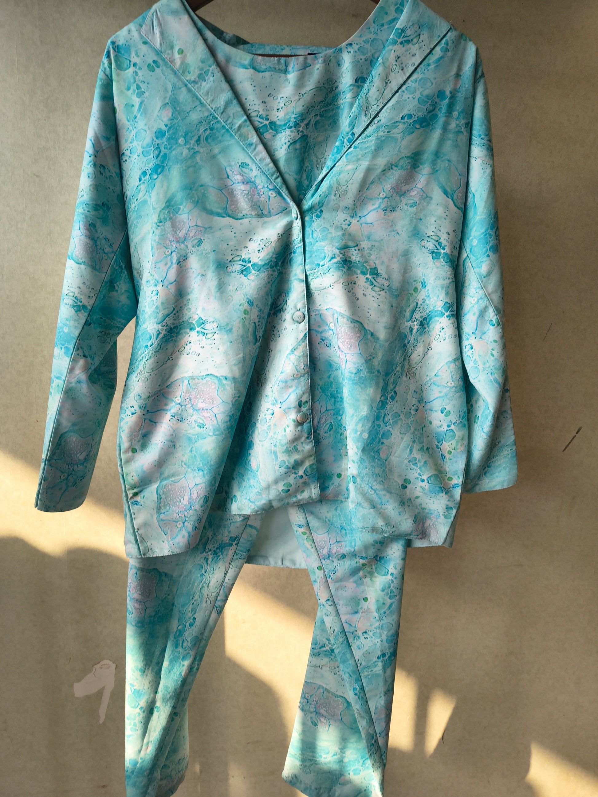 Premium Aqua Marble Print Blazer, Crop Top & Straight Pants Co-Ord Set