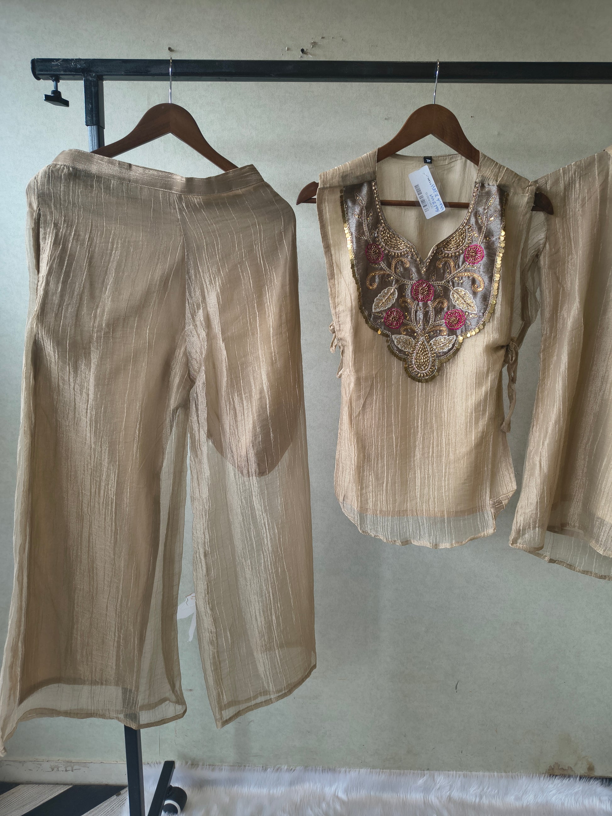 Premium Champagne Tissue Silk Embroidered Kurta with Hand Embellished Statement Yoke