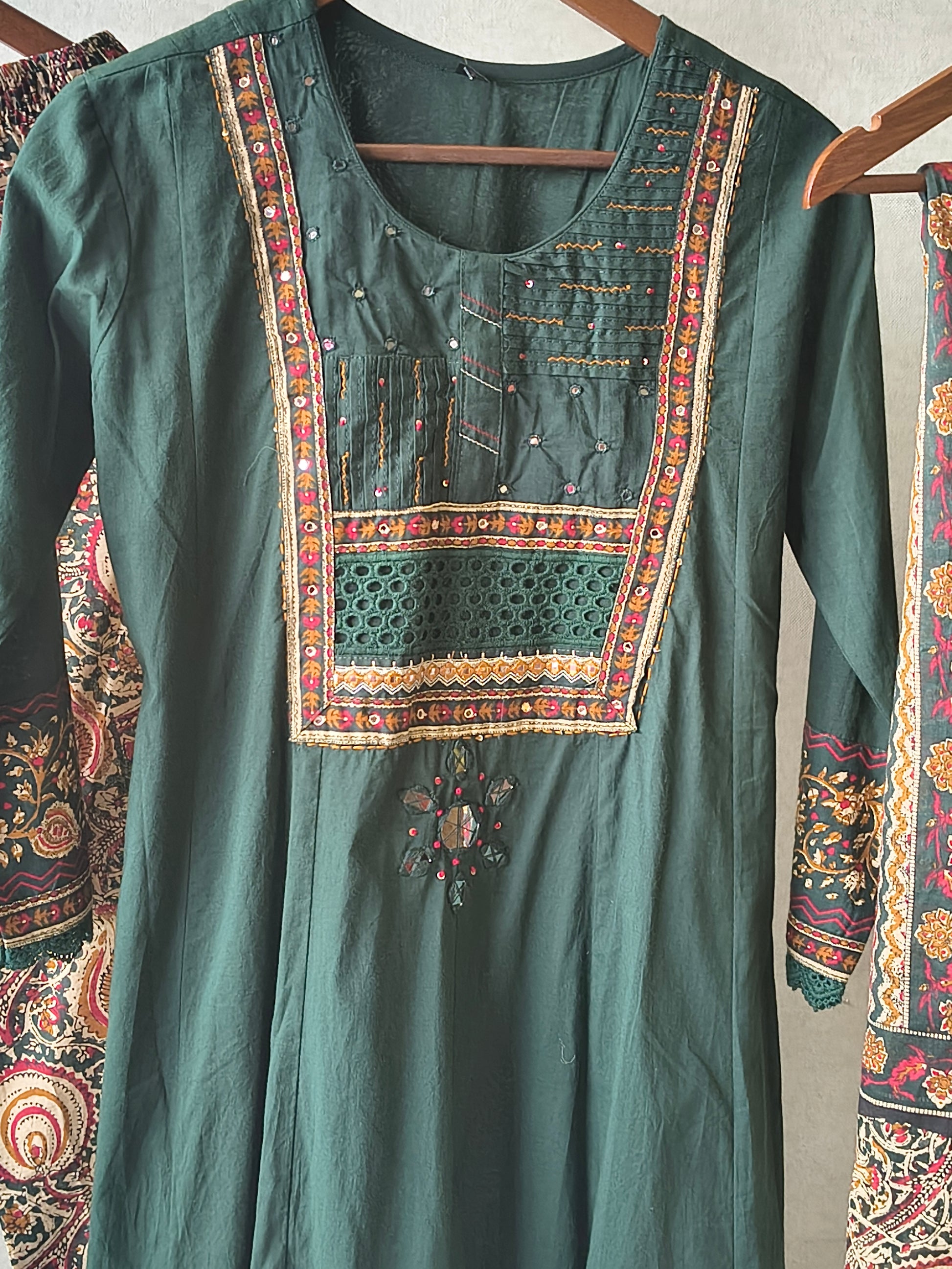 Emerald Green Embroidered Three-Piece Kurta Set with Printed Pant & Designer Dupatta