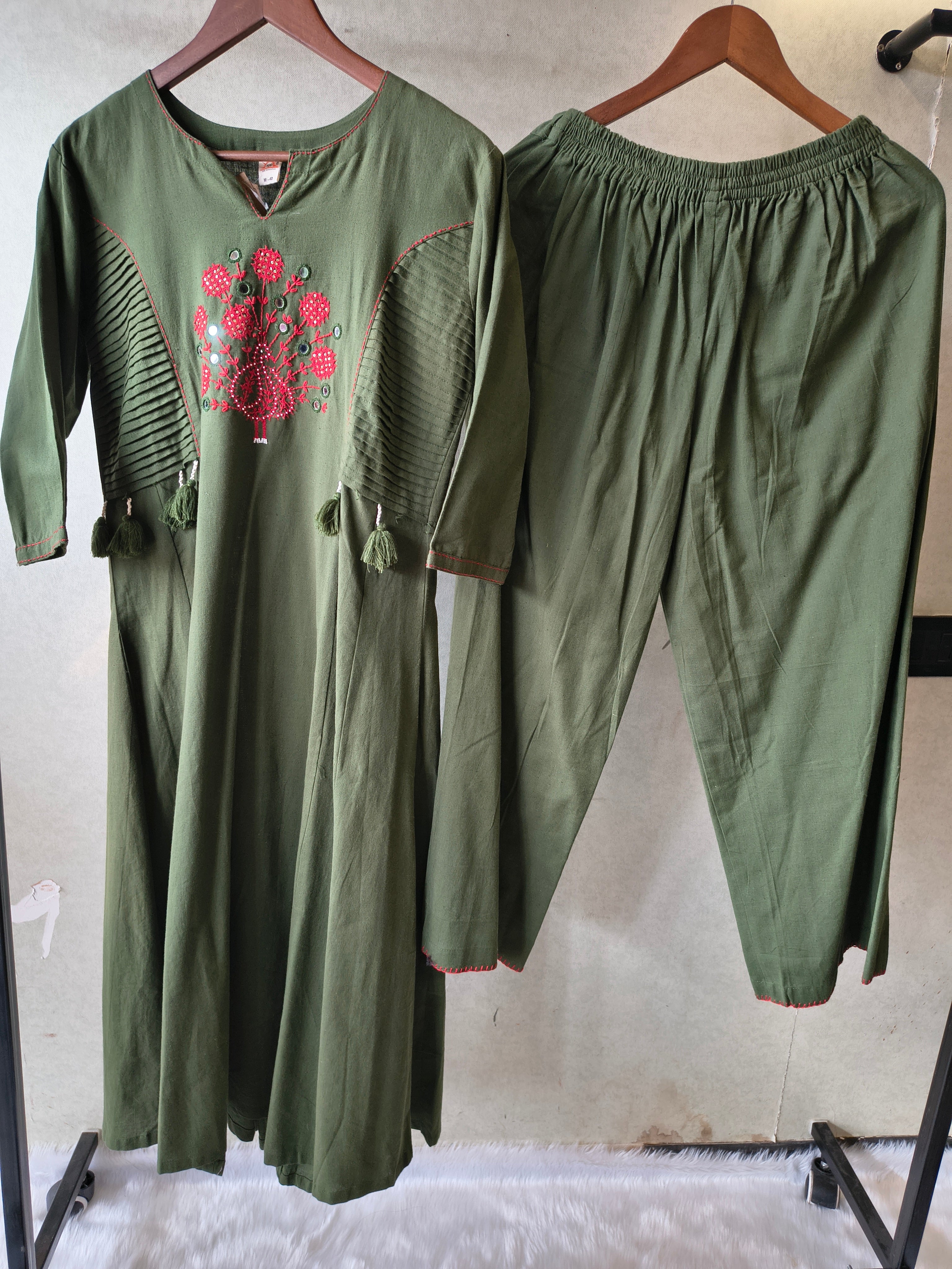 Image of Tadko Olive Green Embroidered Cotton Kurta & Pant Co-Ord Set