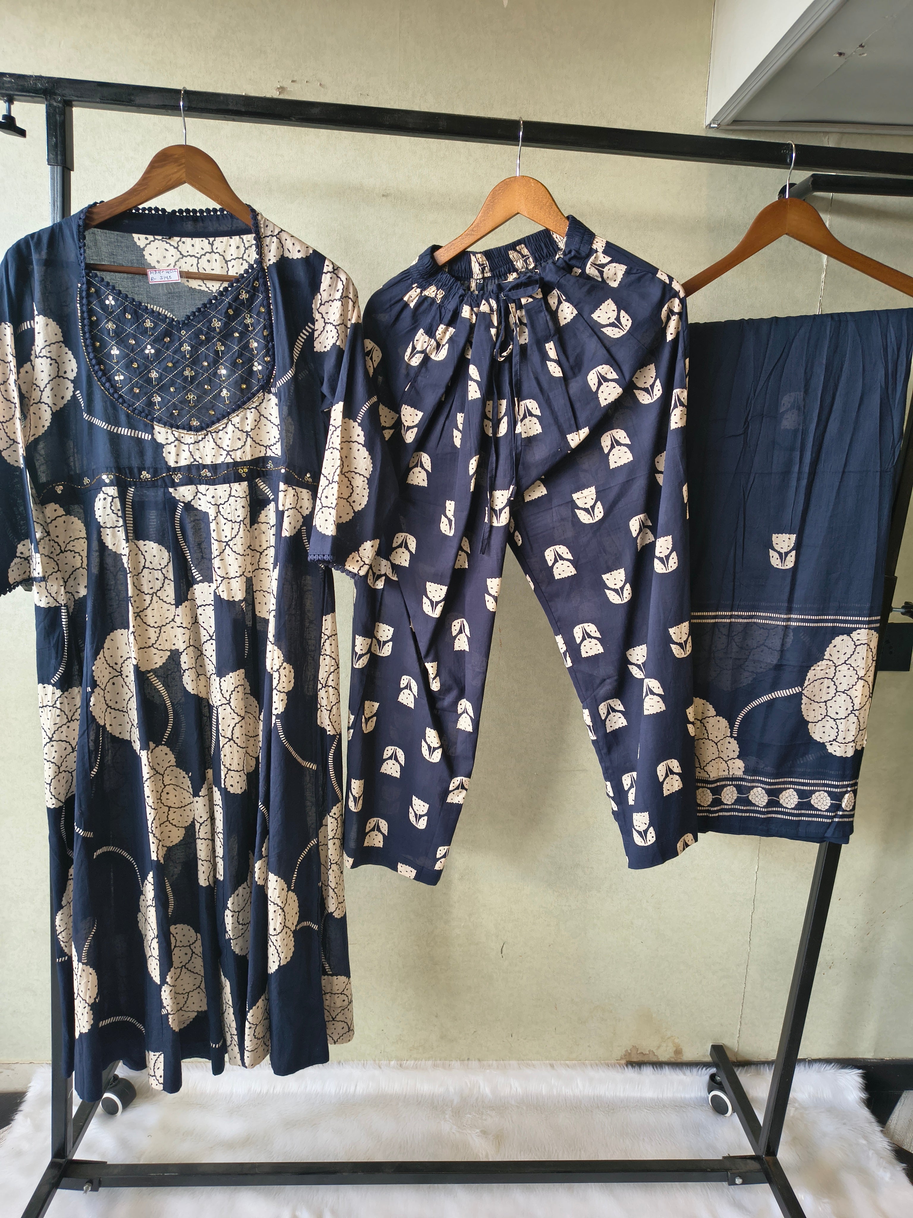 Image of Premium Navy Blue Handblock Printed Cotton Anarkali Suit Set with Printed Pants & Dupatta