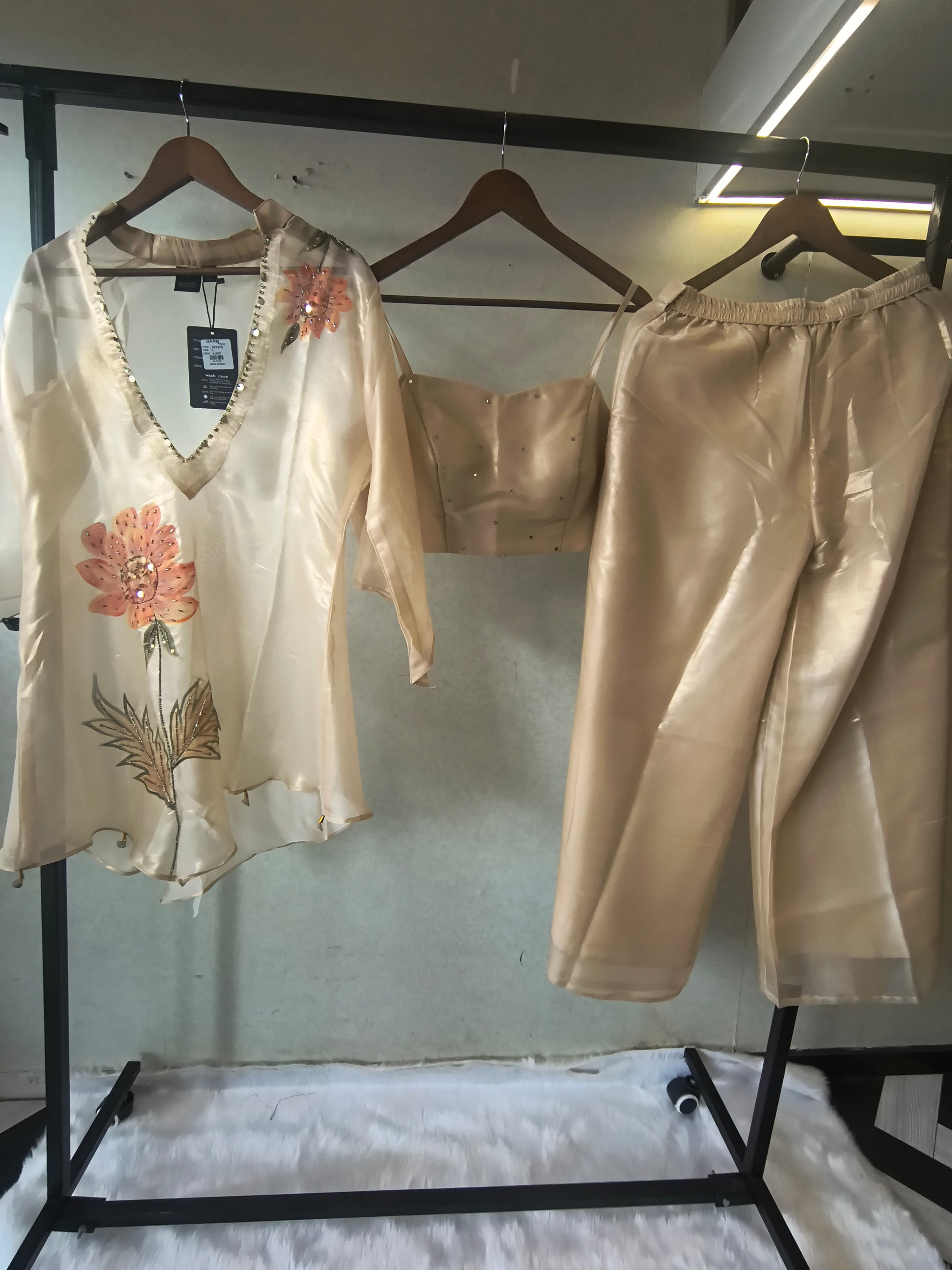 Champagne Gold Floral Hand-Painted Kaftan Co-ord Set with Embellished Blouse & Satin Palazzo