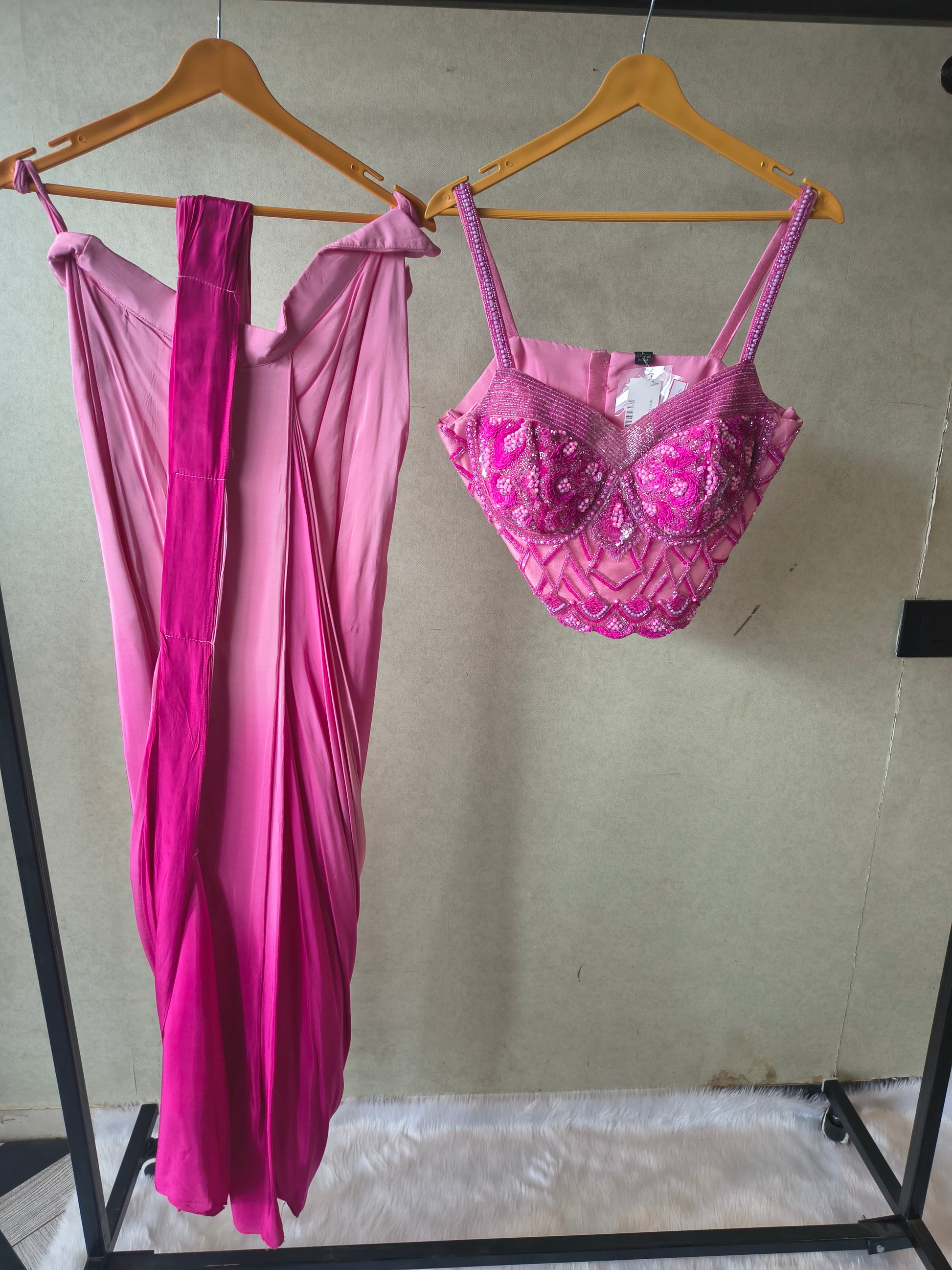 Premium Ombre Pink Satin Saree with Hand Embroidered Designer Blouse