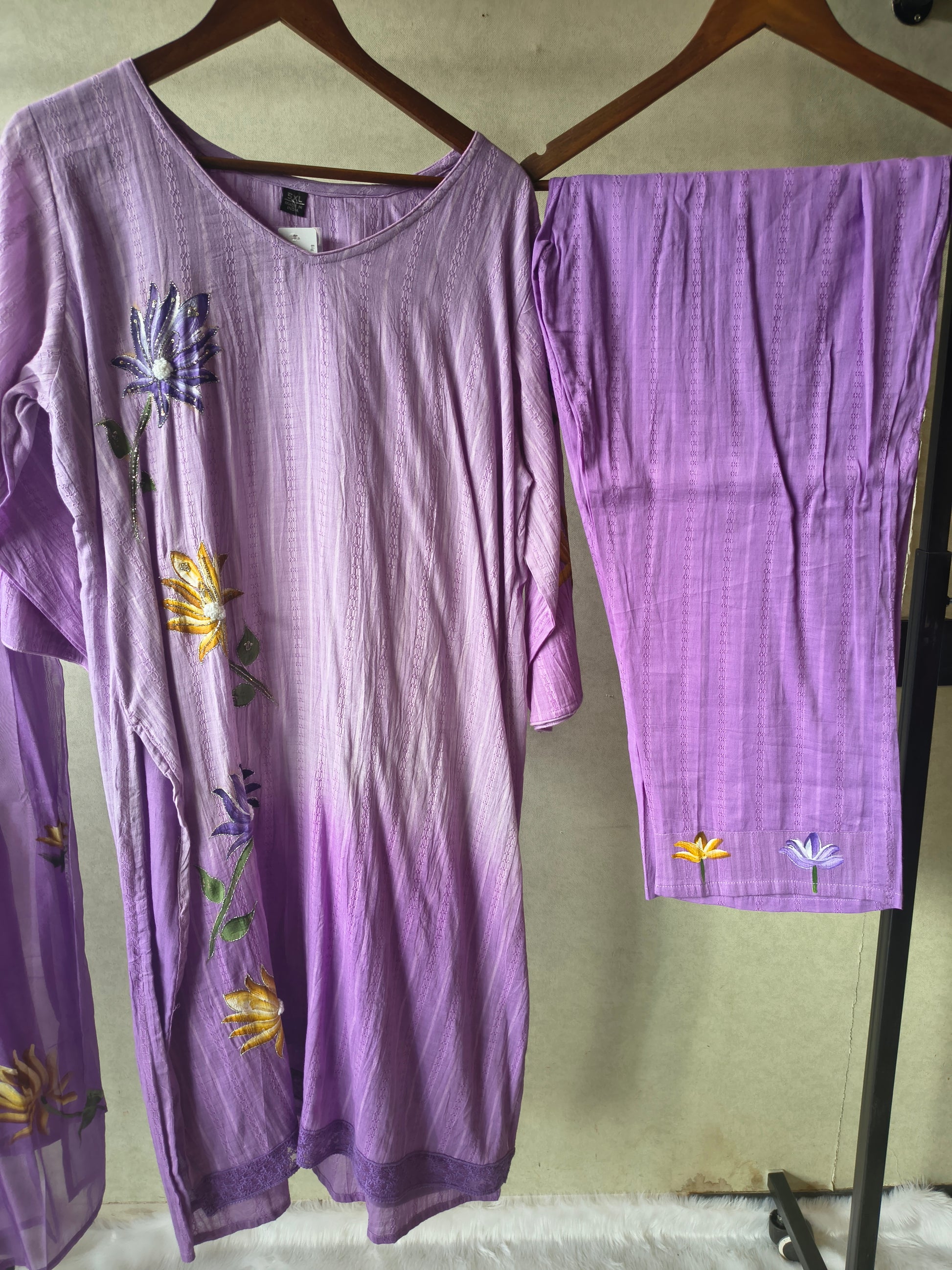 Premium Lavender Embroidered Straight Kurta Set with Floral Dupatta & Straight Pants