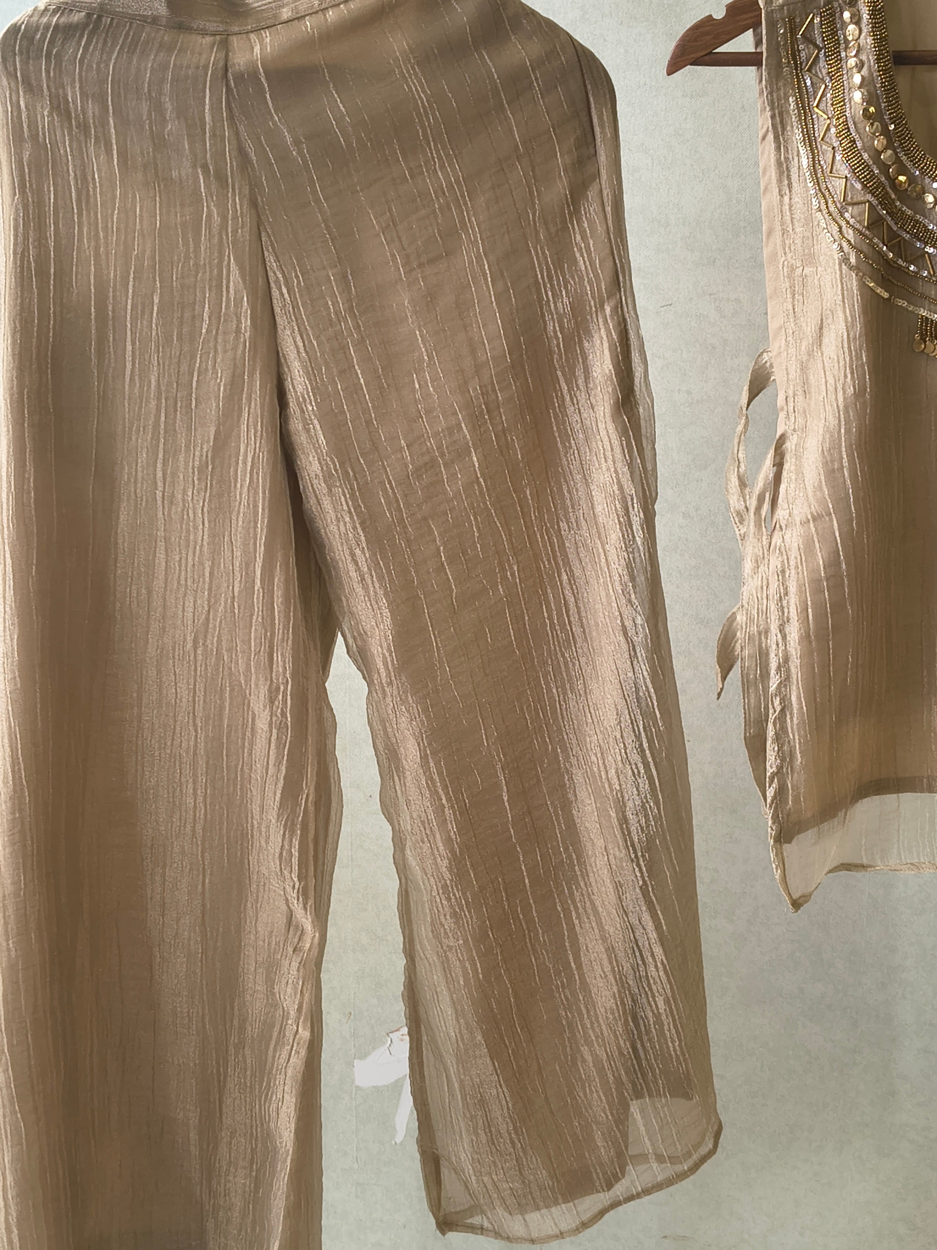Image of Premium Champagne Tissue Silk 3-Piece Co-Ord Set with Statement Hand Embellished Jacket, Inner & Palazzo