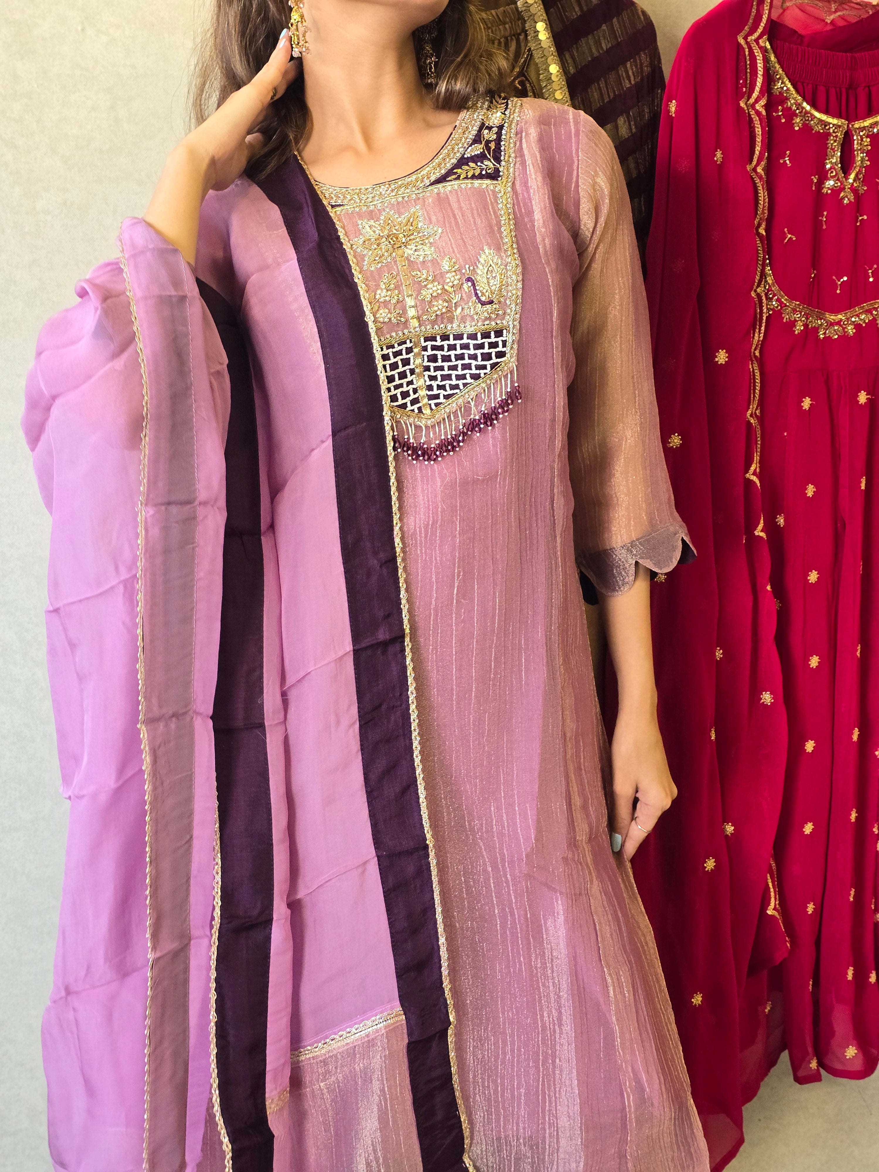Image of Pure Soft Tissue Anarkali Kurti Set