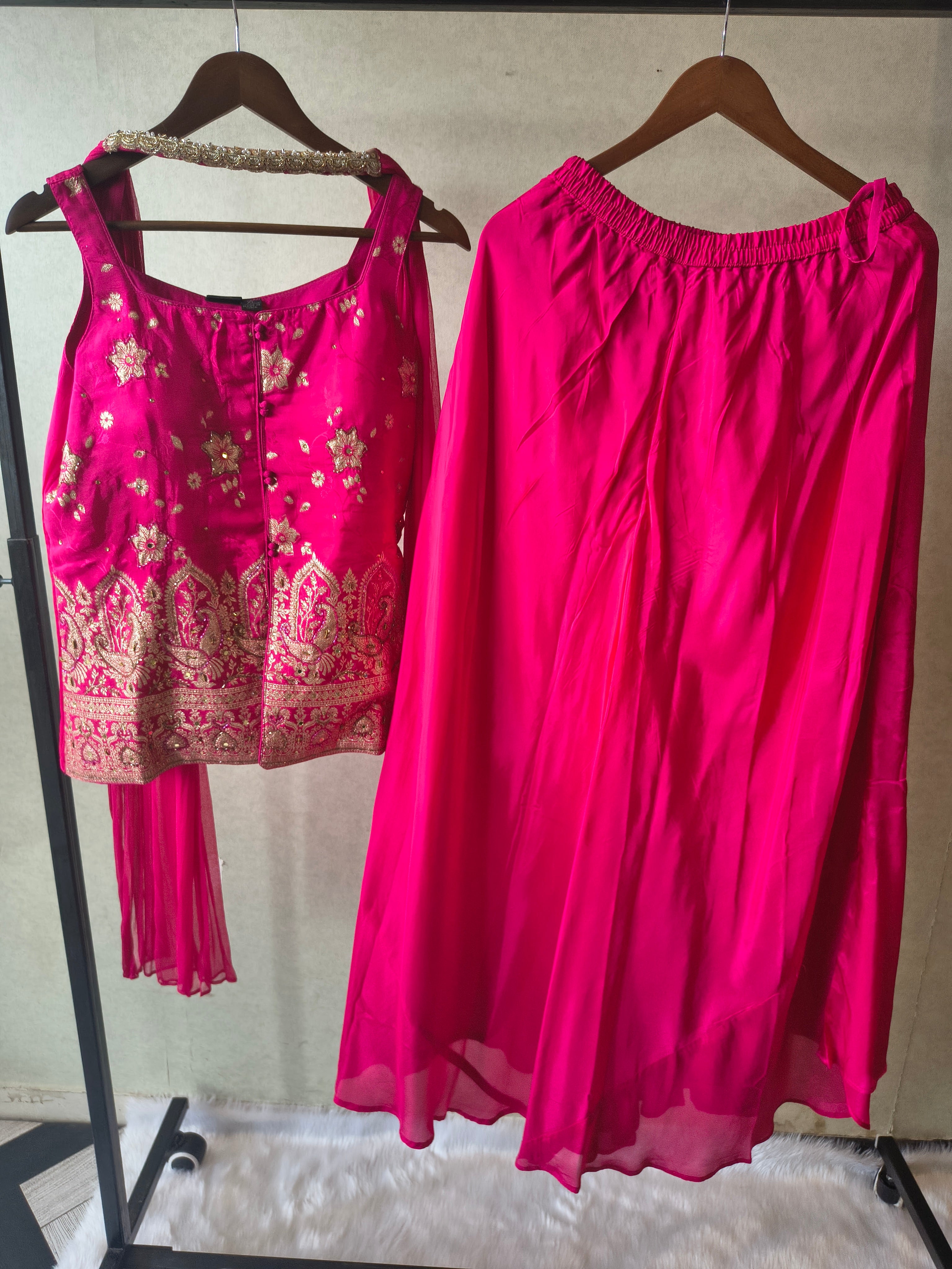 Image of Premium Rani Pink Satin Silk 3-Piece Lehenga Set with Heavy Zari Embroidered Blouse & Dupatta