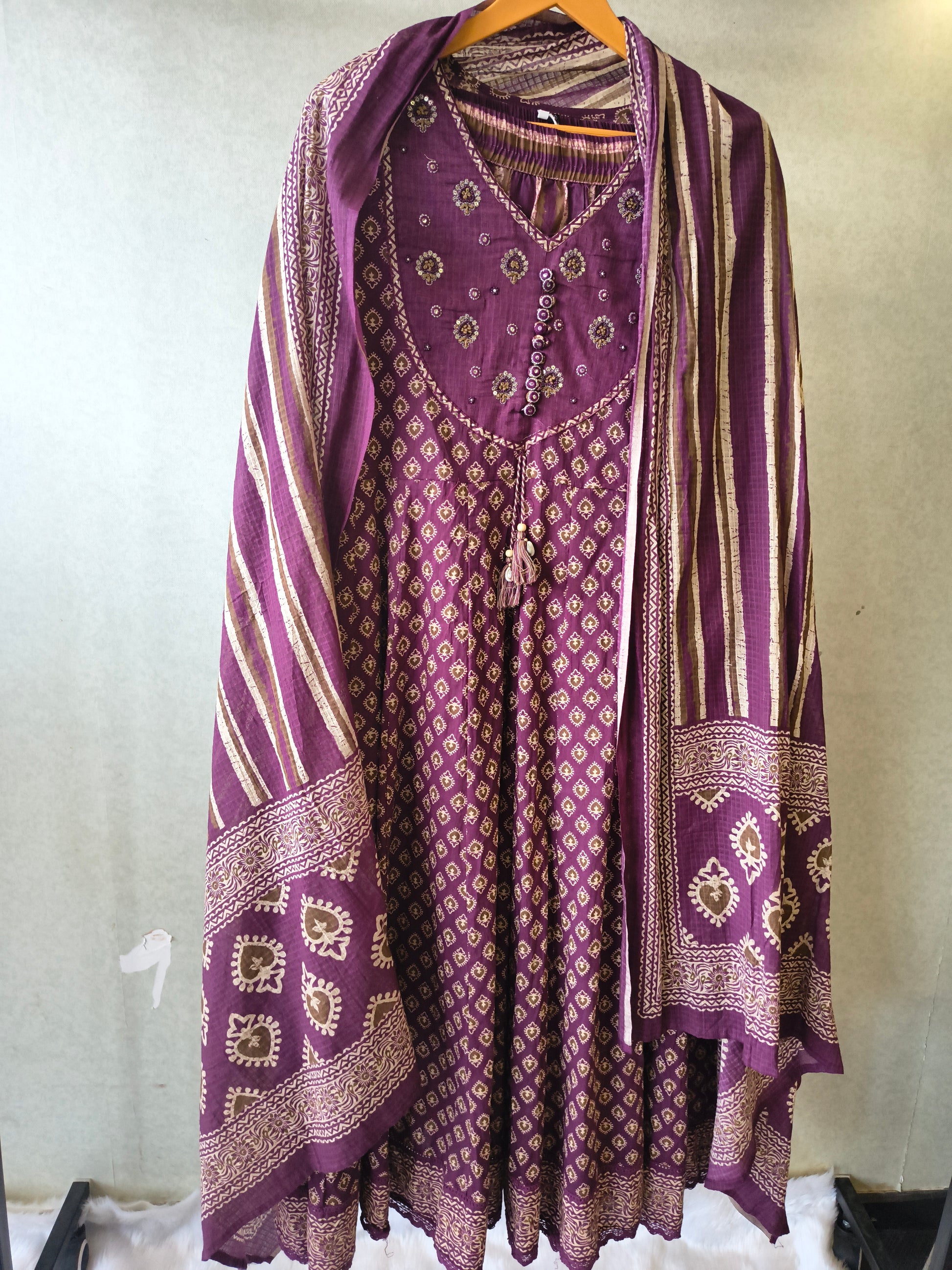 Plum Printed Cotton Anarkali Suit Set with Striped Pants & Dupatta
