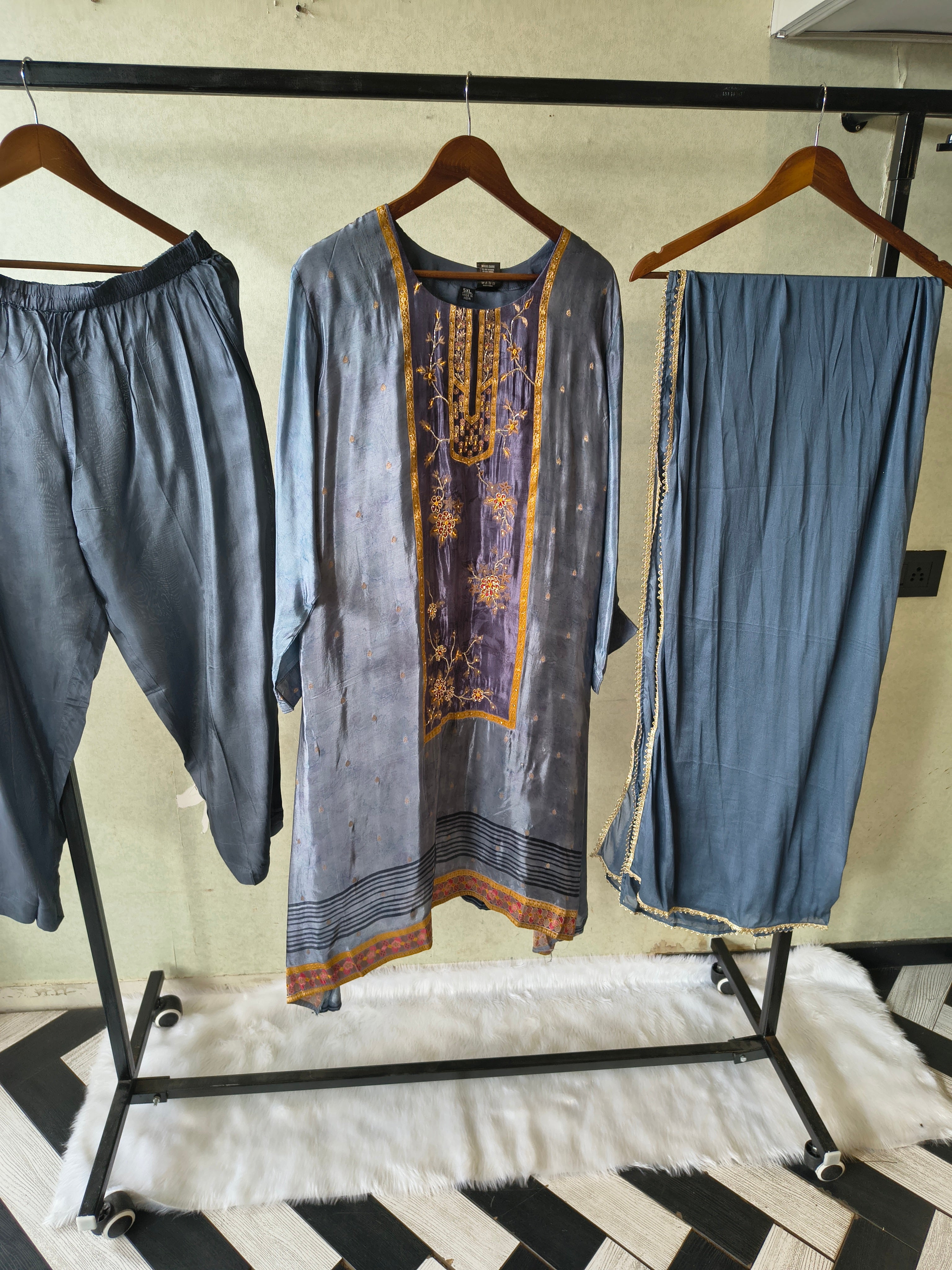Image of Steel Blue Designer Silk Blend Embroidered Kurta Set with Pants & Dupatta