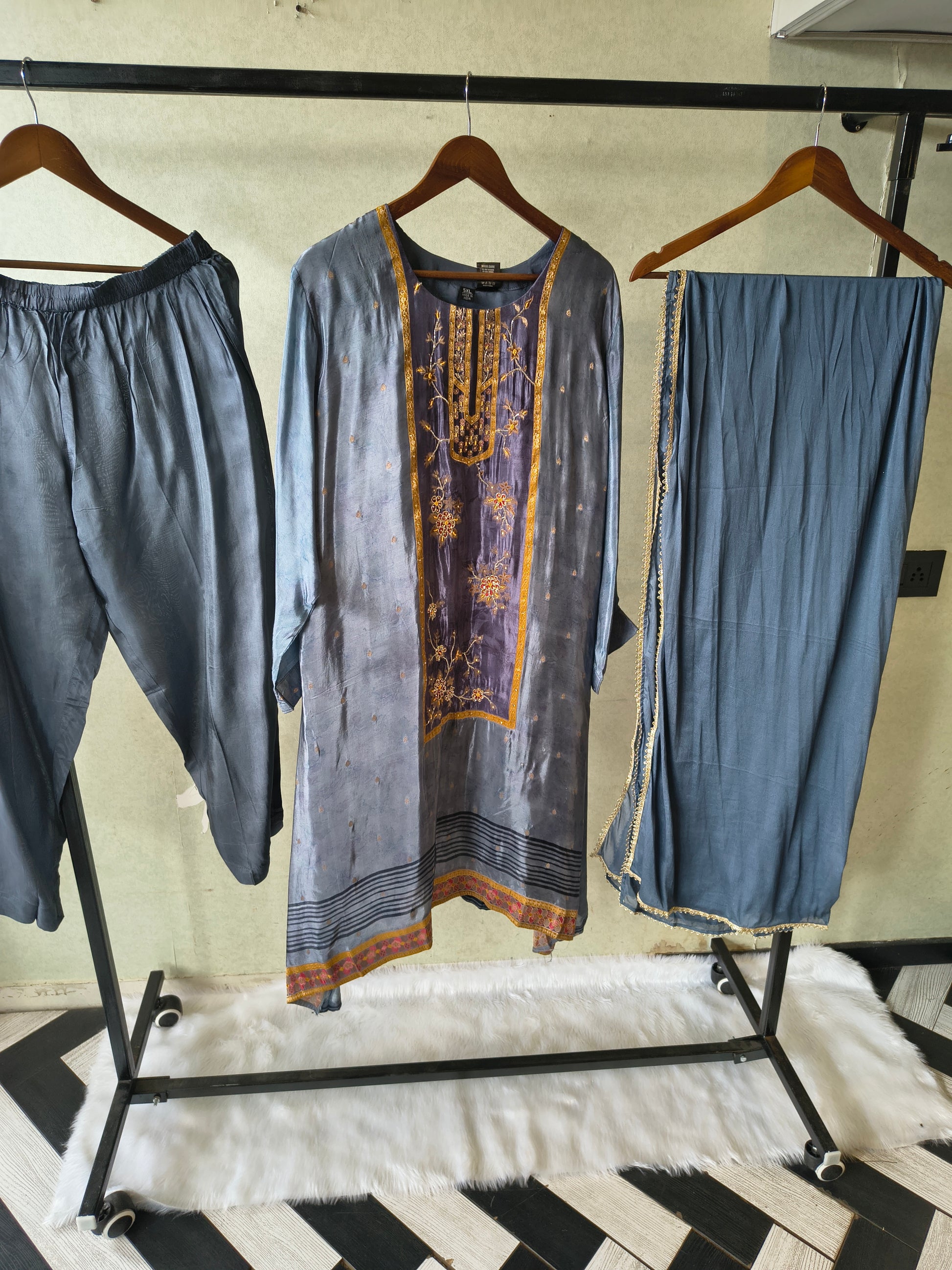 Steel Blue Designer Silk Blend Embroidered Kurta Set with Pants & Dupatta