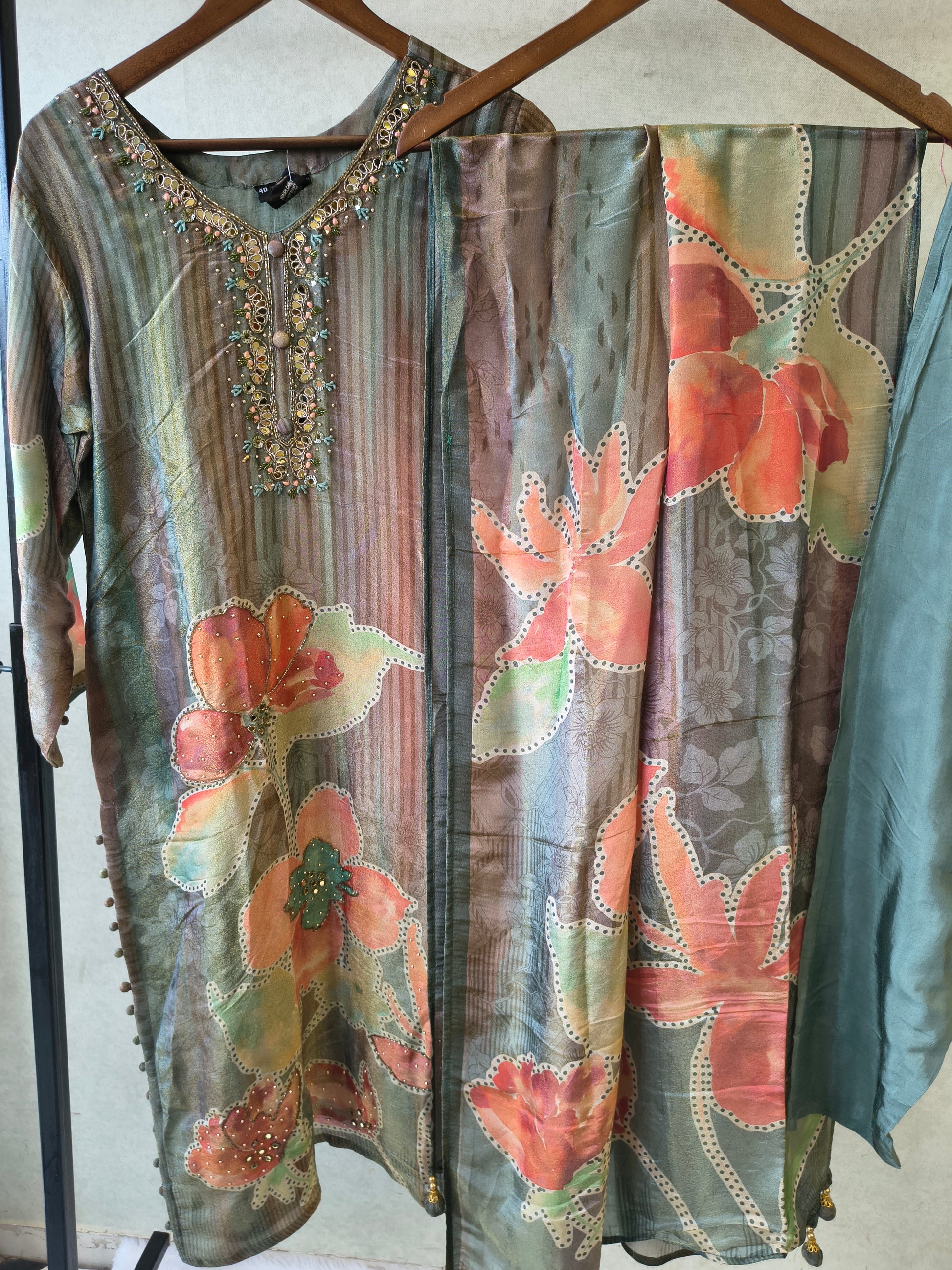 Sage Green Floral Printed Designer Kurta Set with Embellished Neck & Printed Dupatta | Premium 3 Piece Ethnic Suit