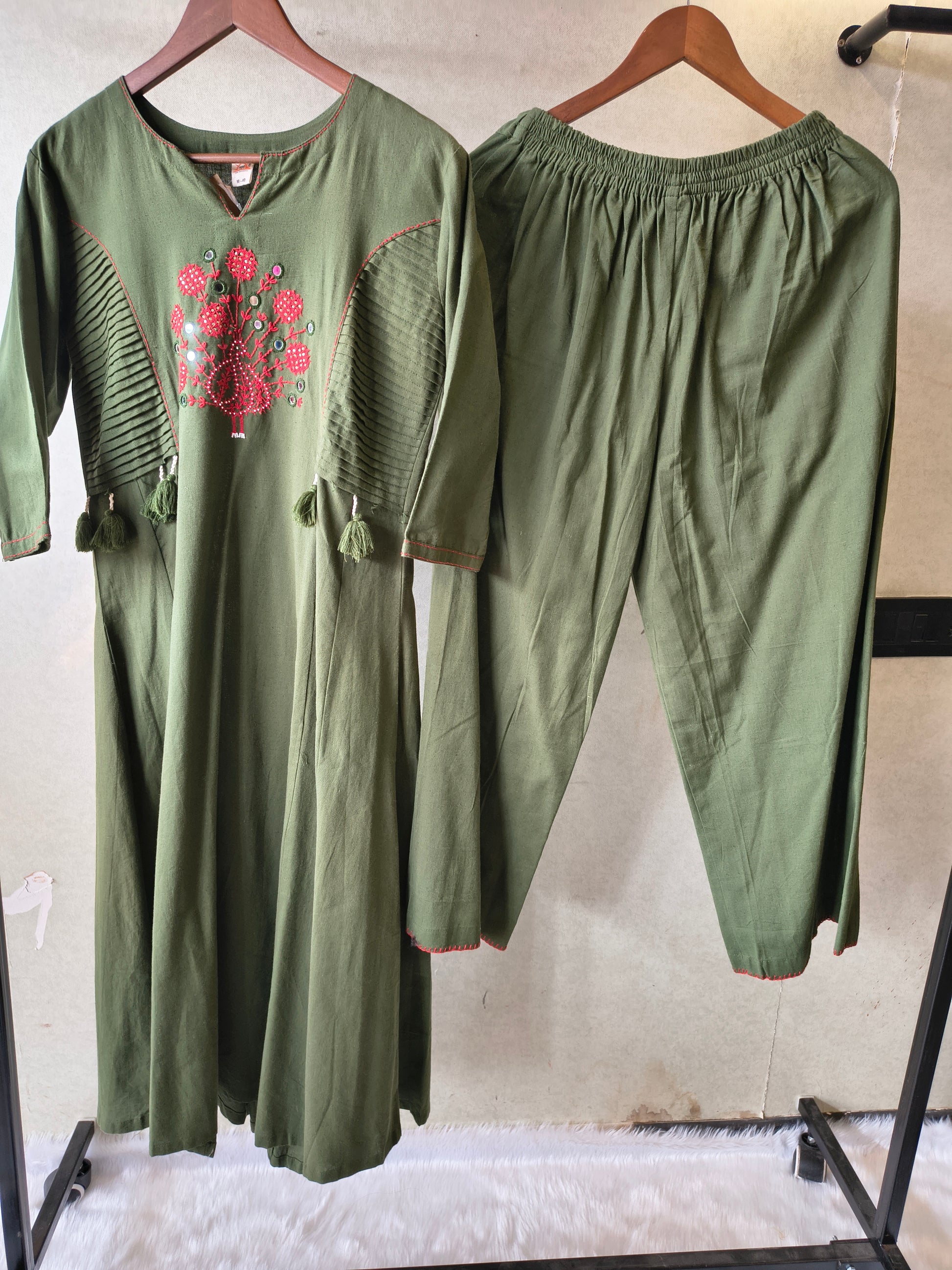 Tadko Olive Green Embroidered Cotton Kurta & Pant Co-Ord Set