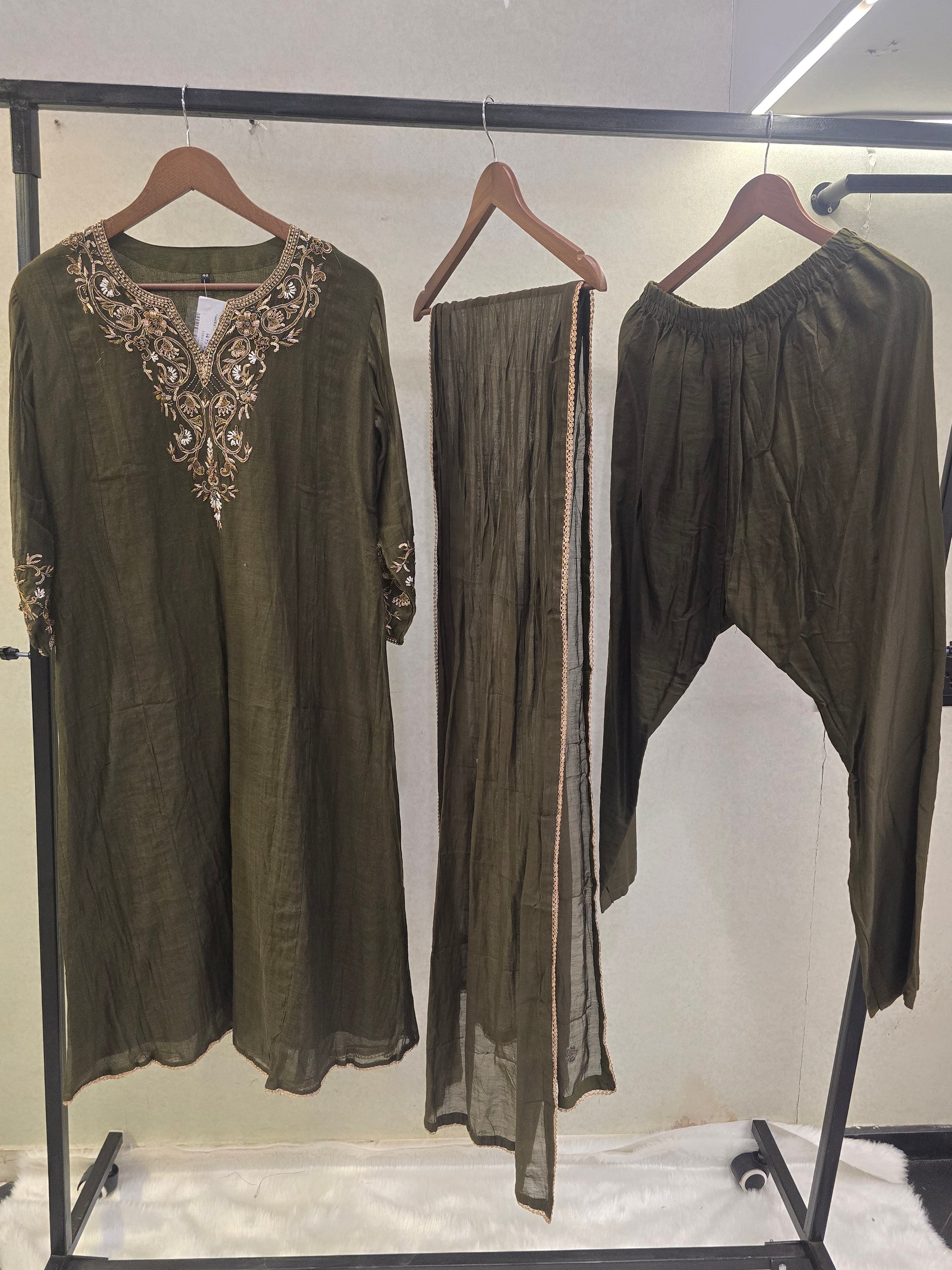 Olive Green Designer Embroidered Kurta Set with Chiffon Dupatta | Premium 3 Piece Ethnic Suit