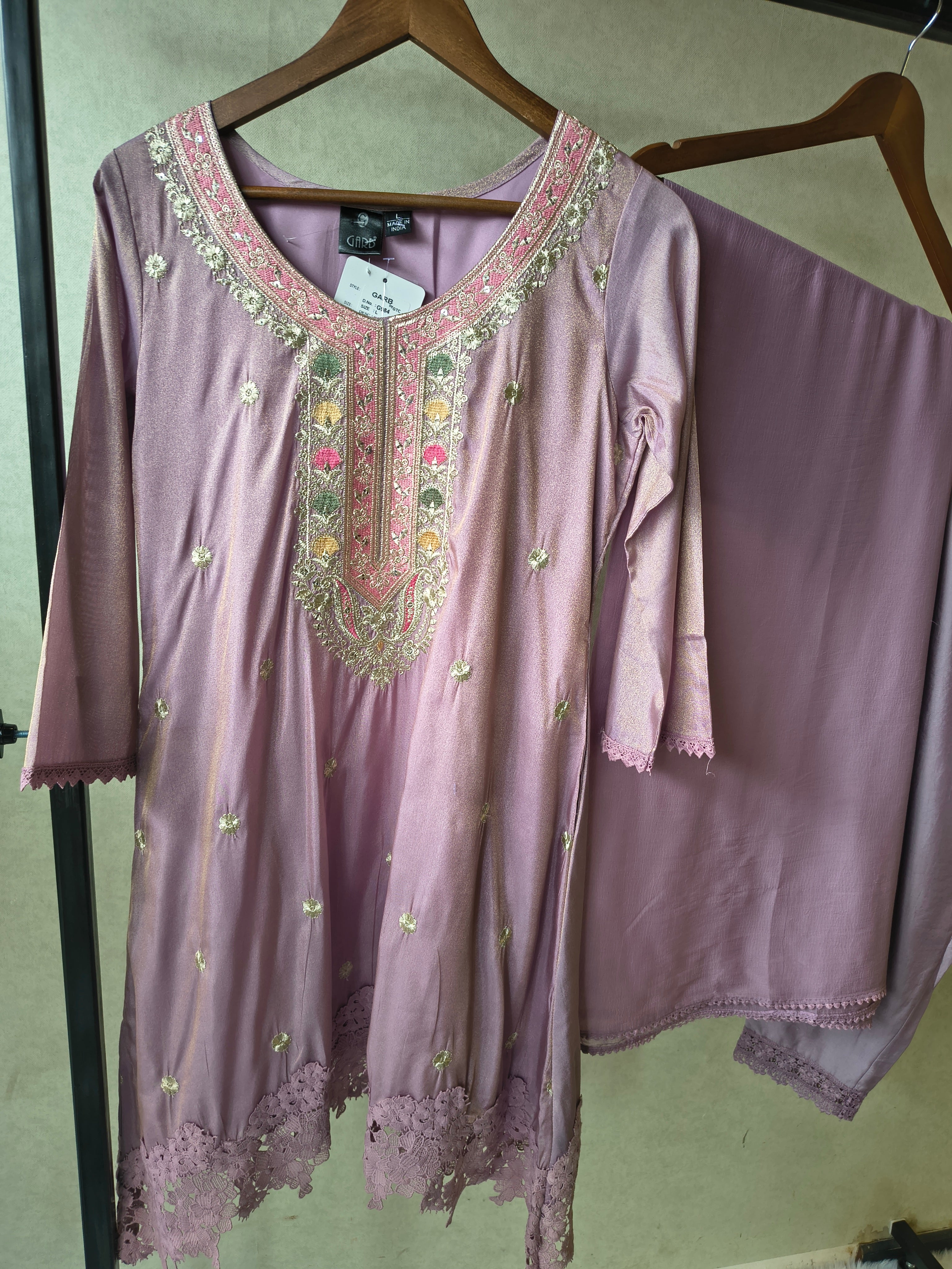 Image of Premium Dusty Lilac Embroidered Kurta Set with Lace Hem & Dupatta