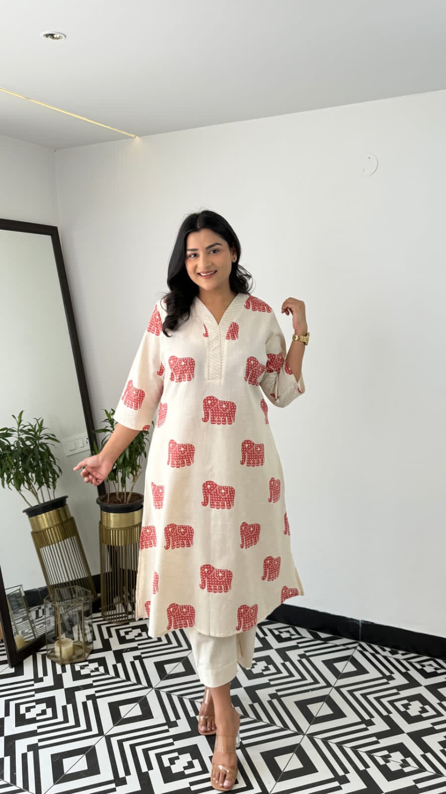 Explore Breathable & Embroidered and beautiful elephant print all over kurti Co-ord Sets your go-to for any occasion