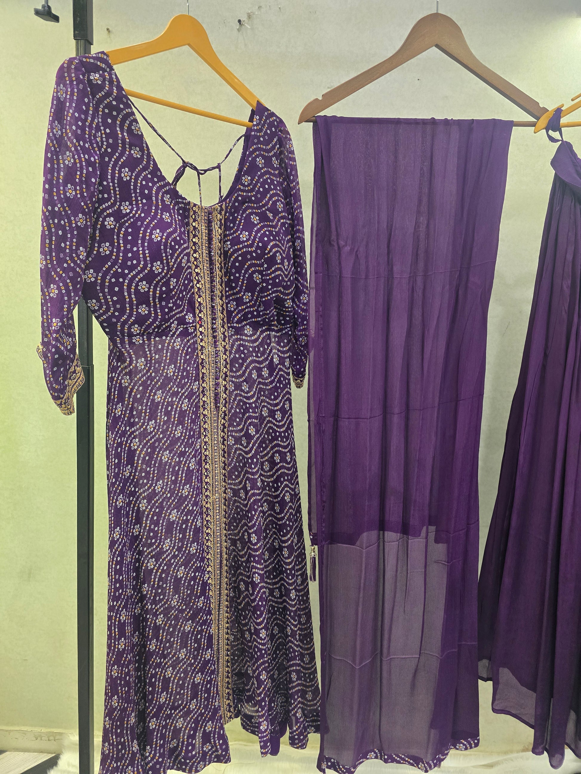 Royal Purple Bandhani Print Anarkali Kurta Set with Embellished Front Panel & Flared Palazzo | Premium 3 Piece Festive Ensemble