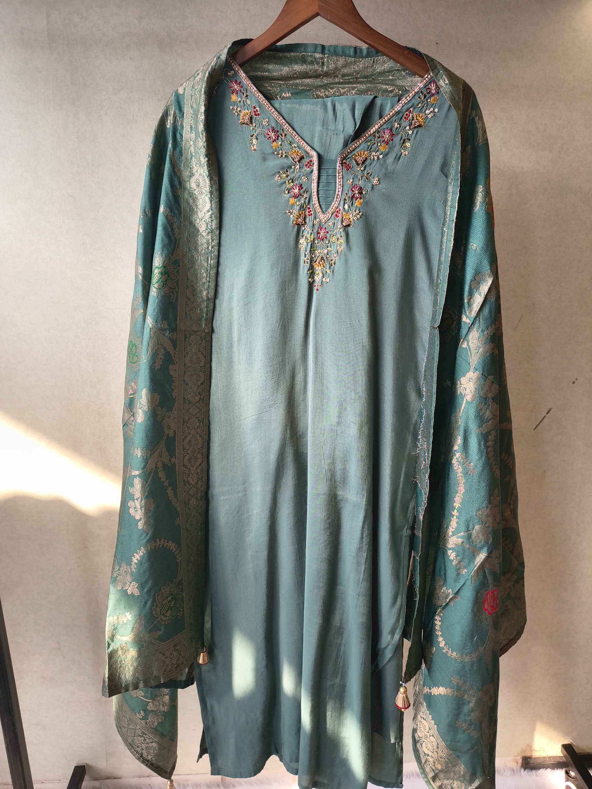 Premium Teal Silk Blend Embroidered Kurta Set with Woven Dupatta & Straight Pants