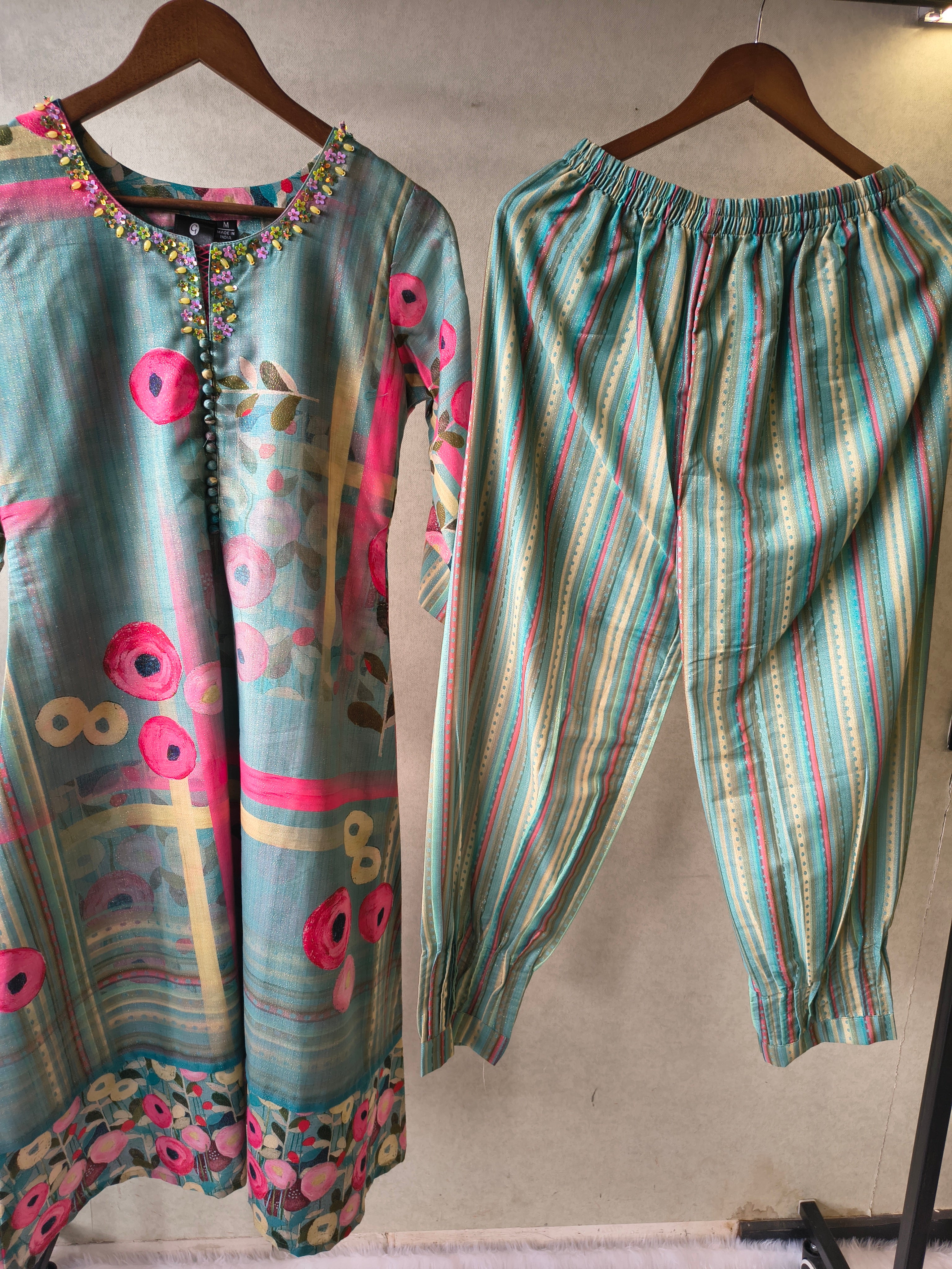 Image of Premium Aqua Blue Artistic Printed Kurta with Striped Pants Co-Ord Set