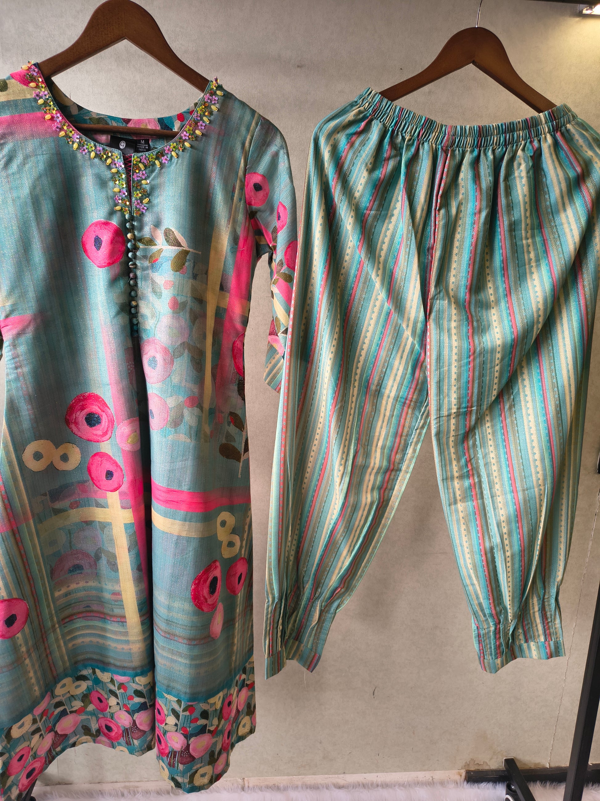 Premium Aqua Blue Artistic Printed Kurta with Striped Pants Co-Ord Set