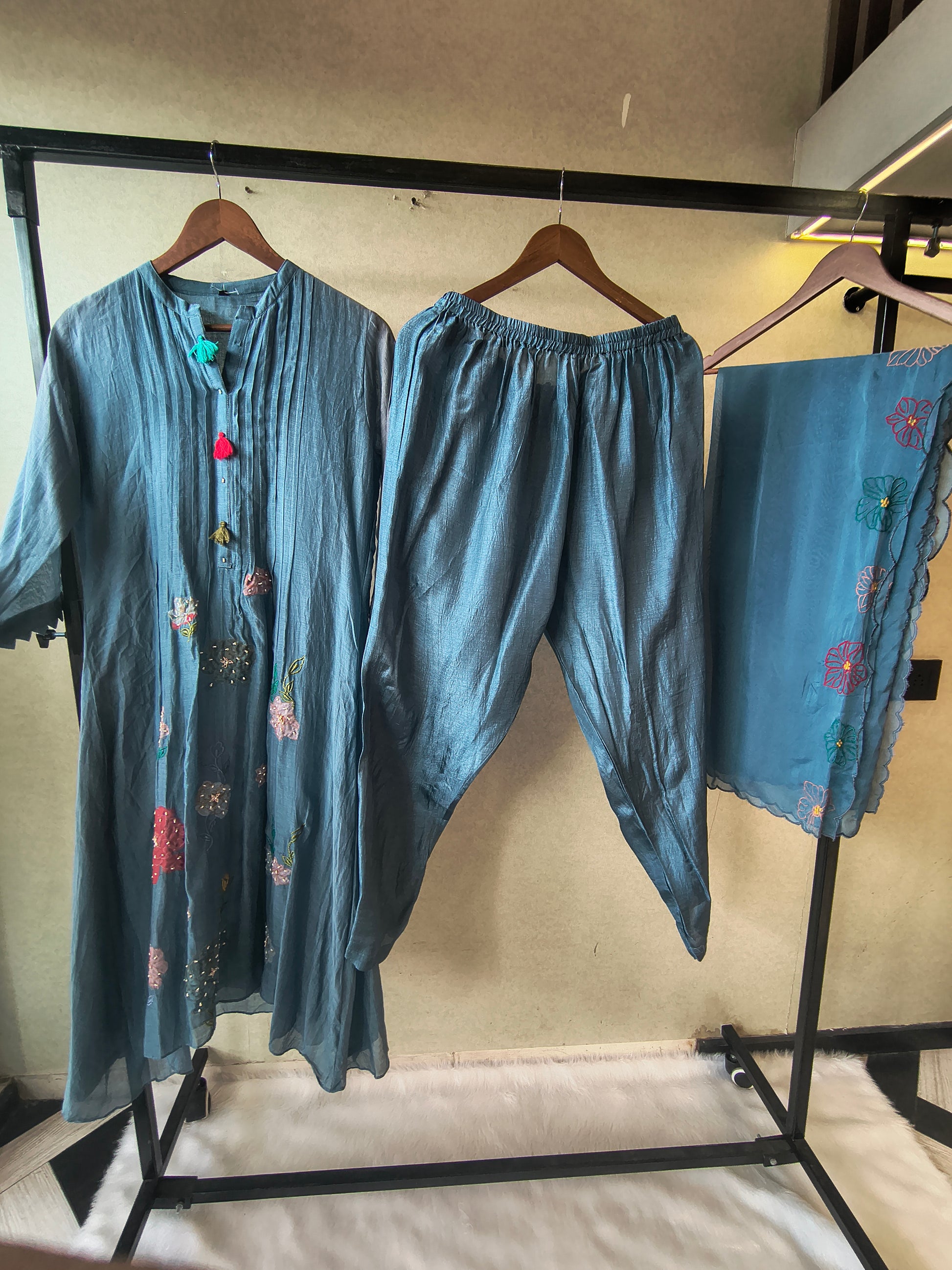 Premium Steel Blue Embroidered Straight Kurta with Dhoti Pants & Embroidered Organza Dupatta Set