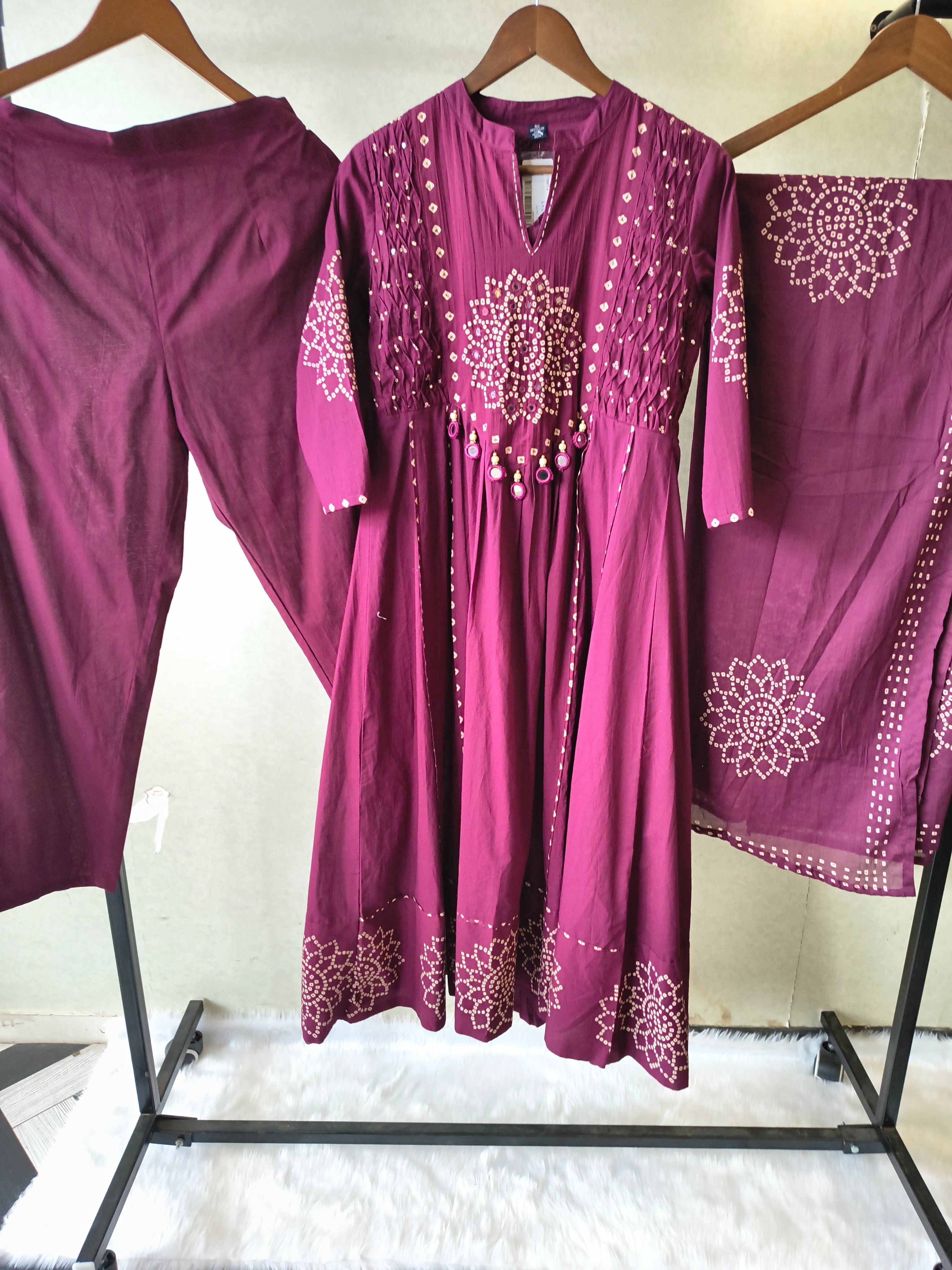 Image of Wine Cotton Anarkali Suit Set with Bandhani Print & Mirror Accent Dupatta