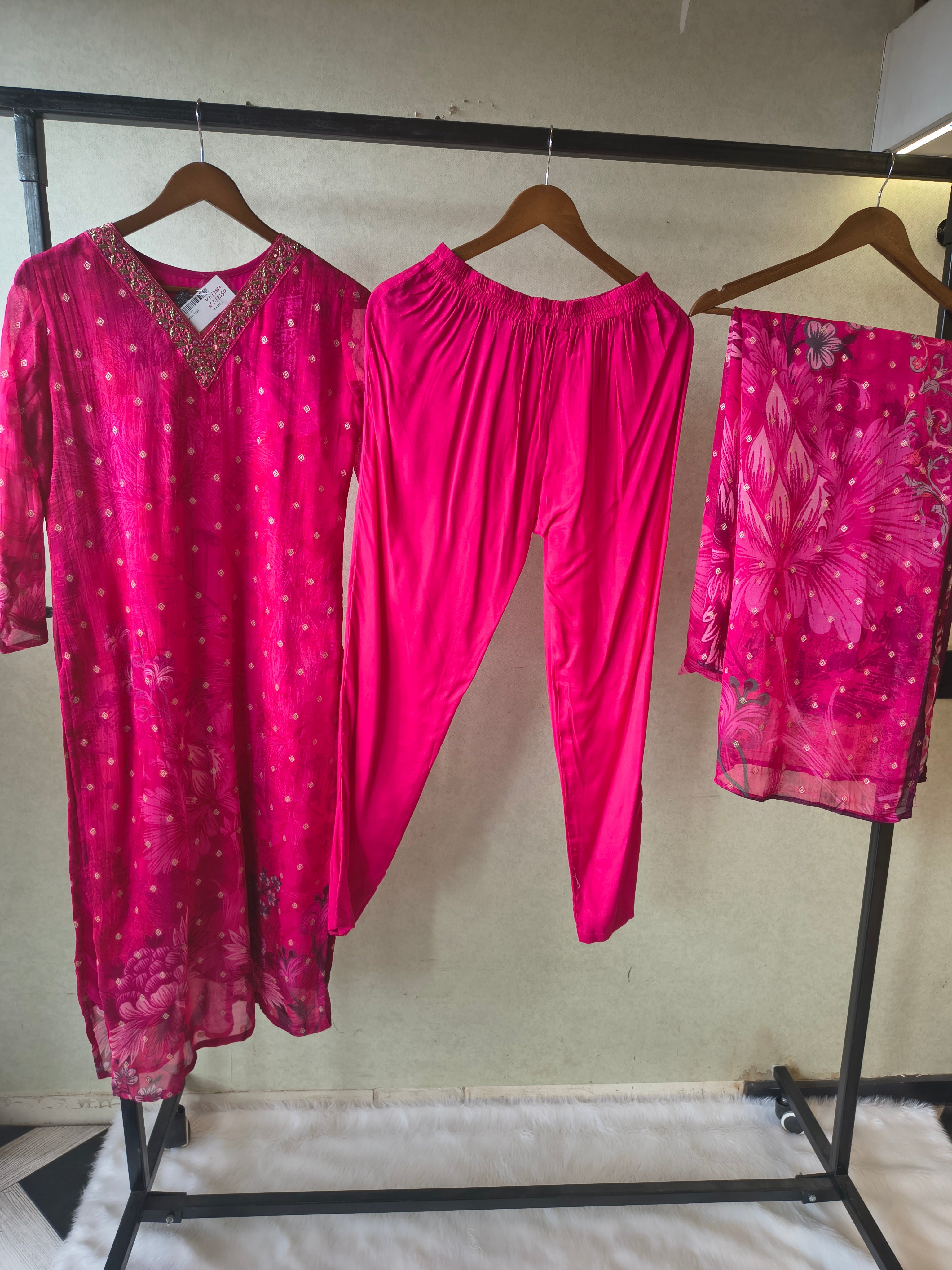 Image of Premium Fuchsia Floral Printed Straight Kurta with Cigarette Pants & Dupatta Set