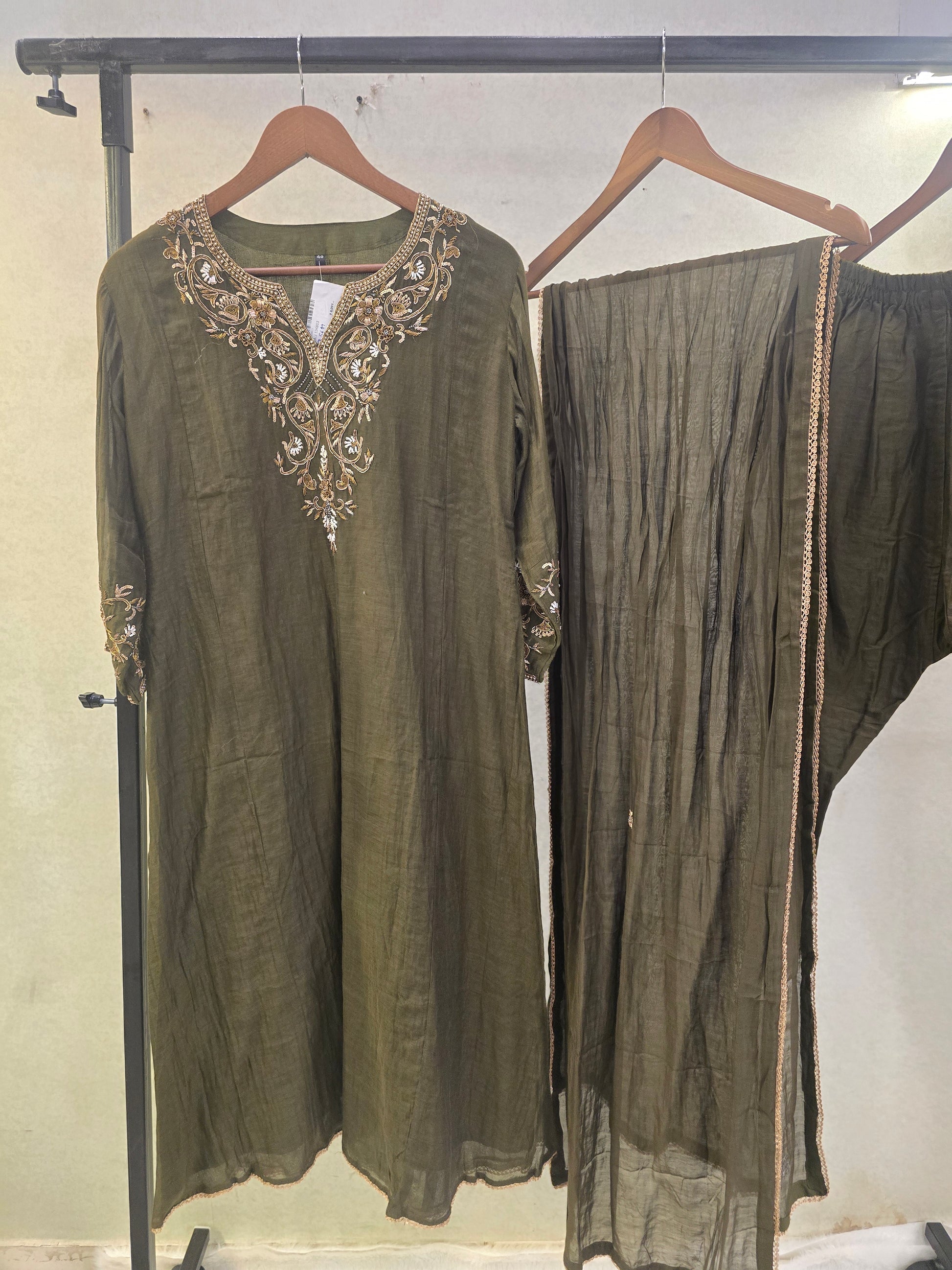 Olive Green Designer Embroidered Kurta Set with Chiffon Dupatta | Premium 3 Piece Ethnic Suit
