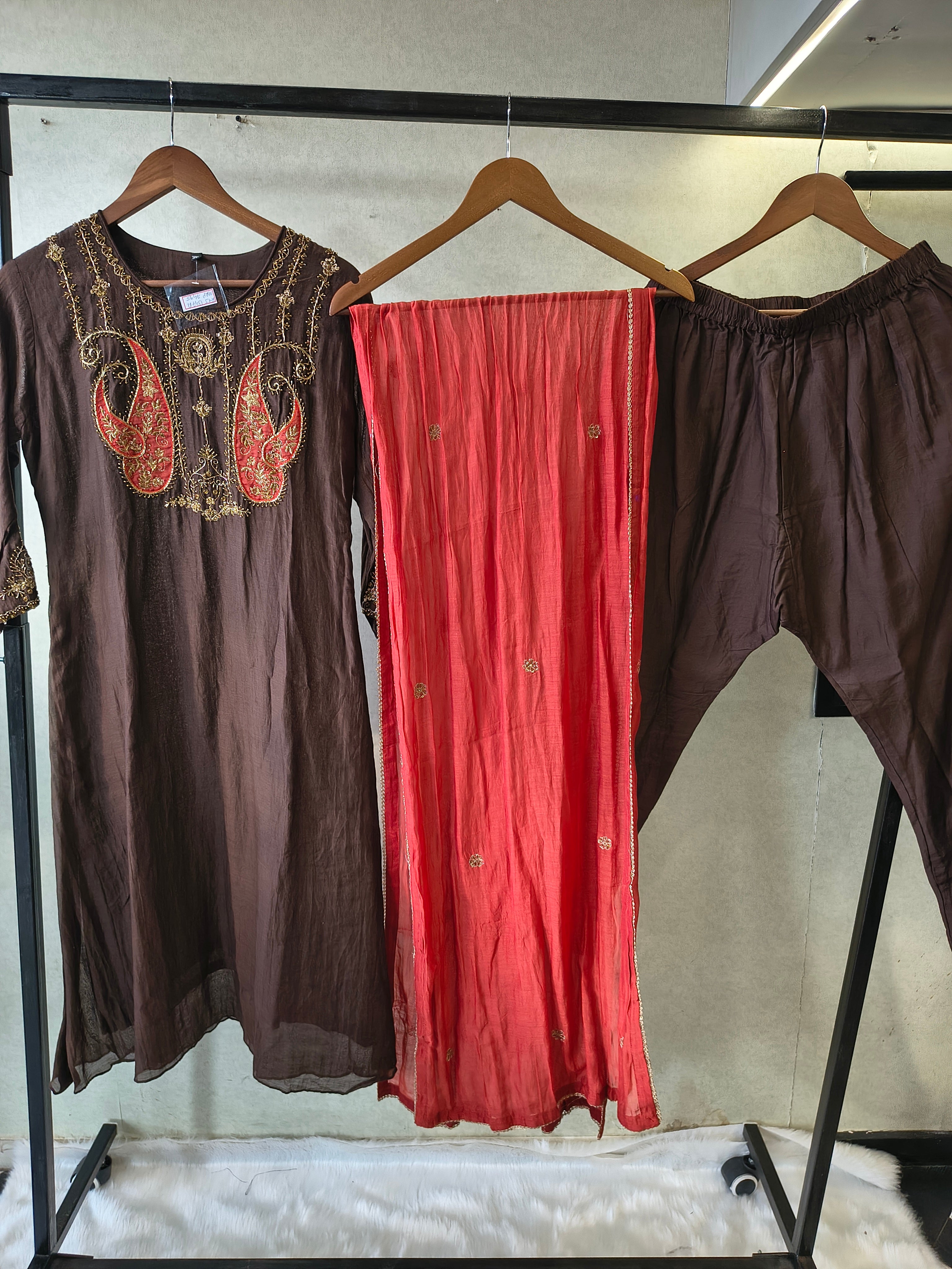 Image of Midnight Black Embroidered Straight Kurta Set with Statement Paisley Yoke, Contrast Crimson Dupatta & Premium 3 Piece Ethnic Ensemble